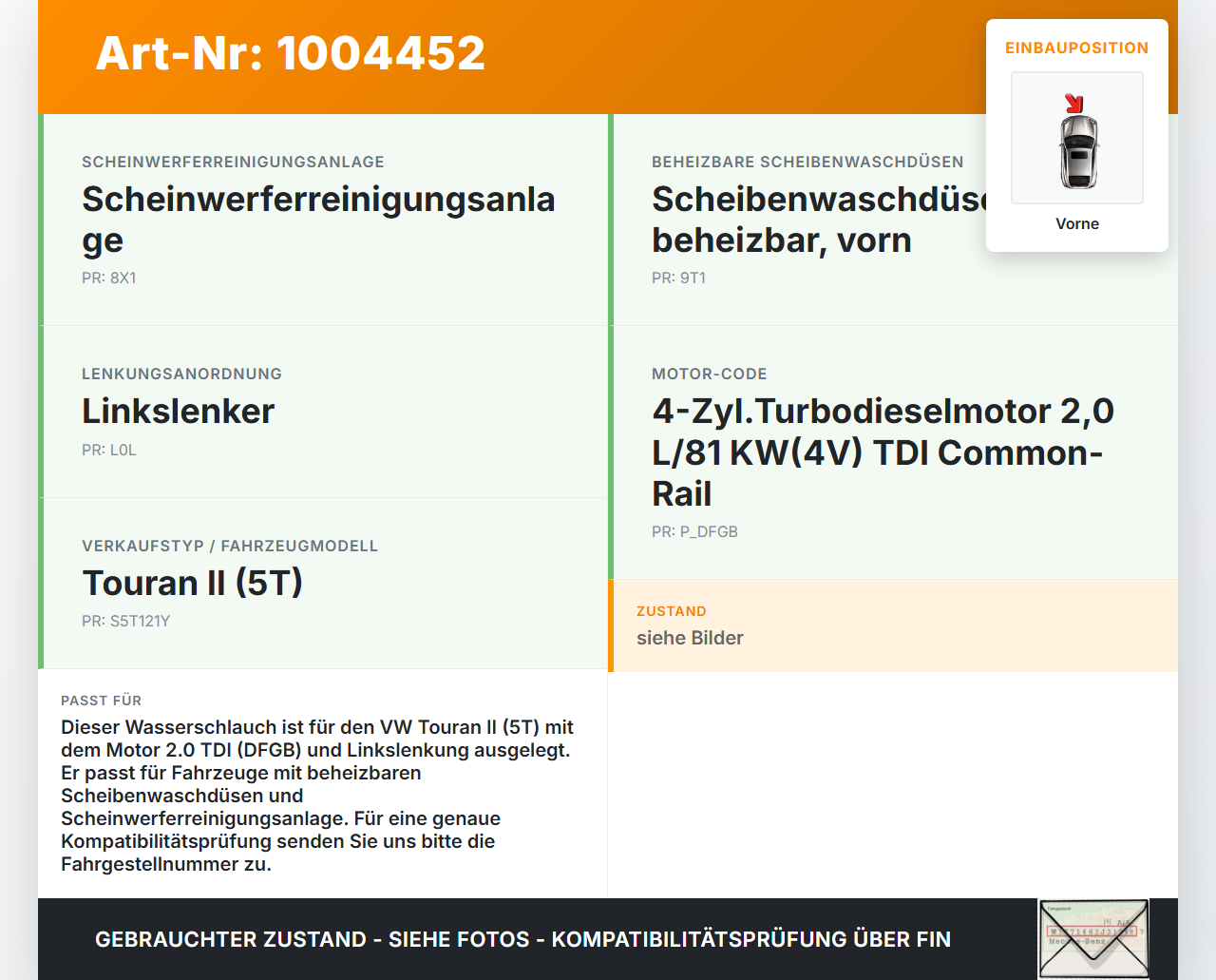 VW Touran II 5T 15-21 TDI 2,0 81KW Wasserschlauch für Waschdüsen Vorne Scheibenwaschschlauch VW Touran II 5T 15-21... Vorschau 3