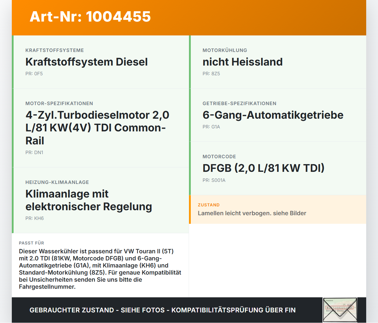 VW Touran II 5T 15-21 TDI 2,0 81KW Wasserkühler Kühler VW Touran II 5T 15-21 24.10.2016 5Q0121251GQ M155214 gebraucht Vorschau 3