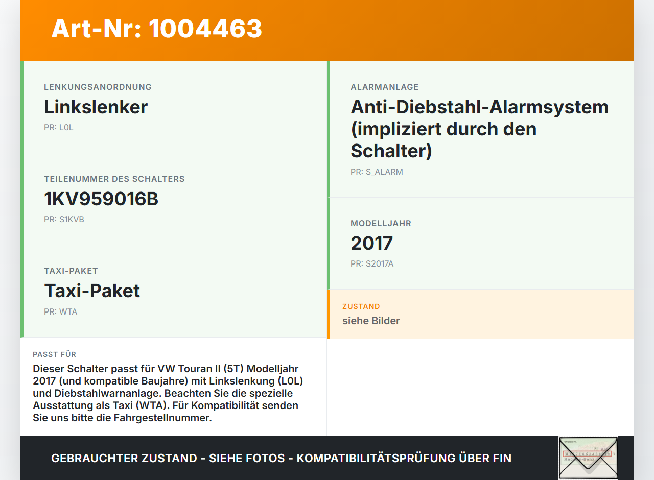 VW Touran II 5T 15-21 Schalter Alarm VW Touran II 5T 15-21 24.10.2016 JKV959016B 1KV959016B gebraucht Vorschau 3