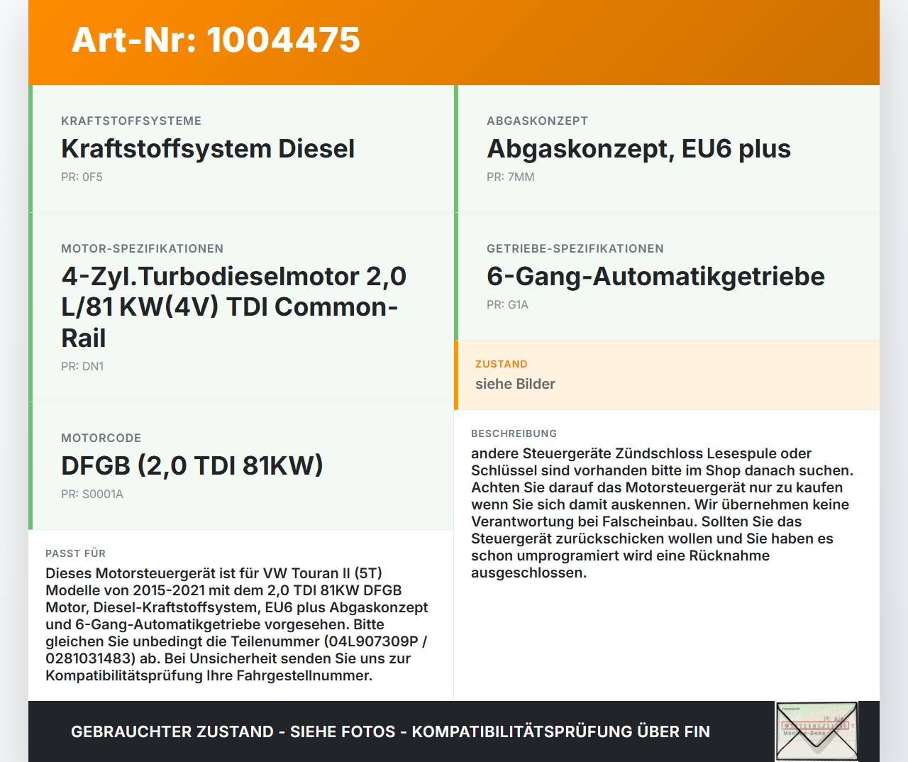 VW Touran II 5T 15-21 TDI 2,0 81KW Steuergerät ECU für Motor Motorsteuergerät VW Touran II 5T 15-21 24.10.2016... Vorschau 3