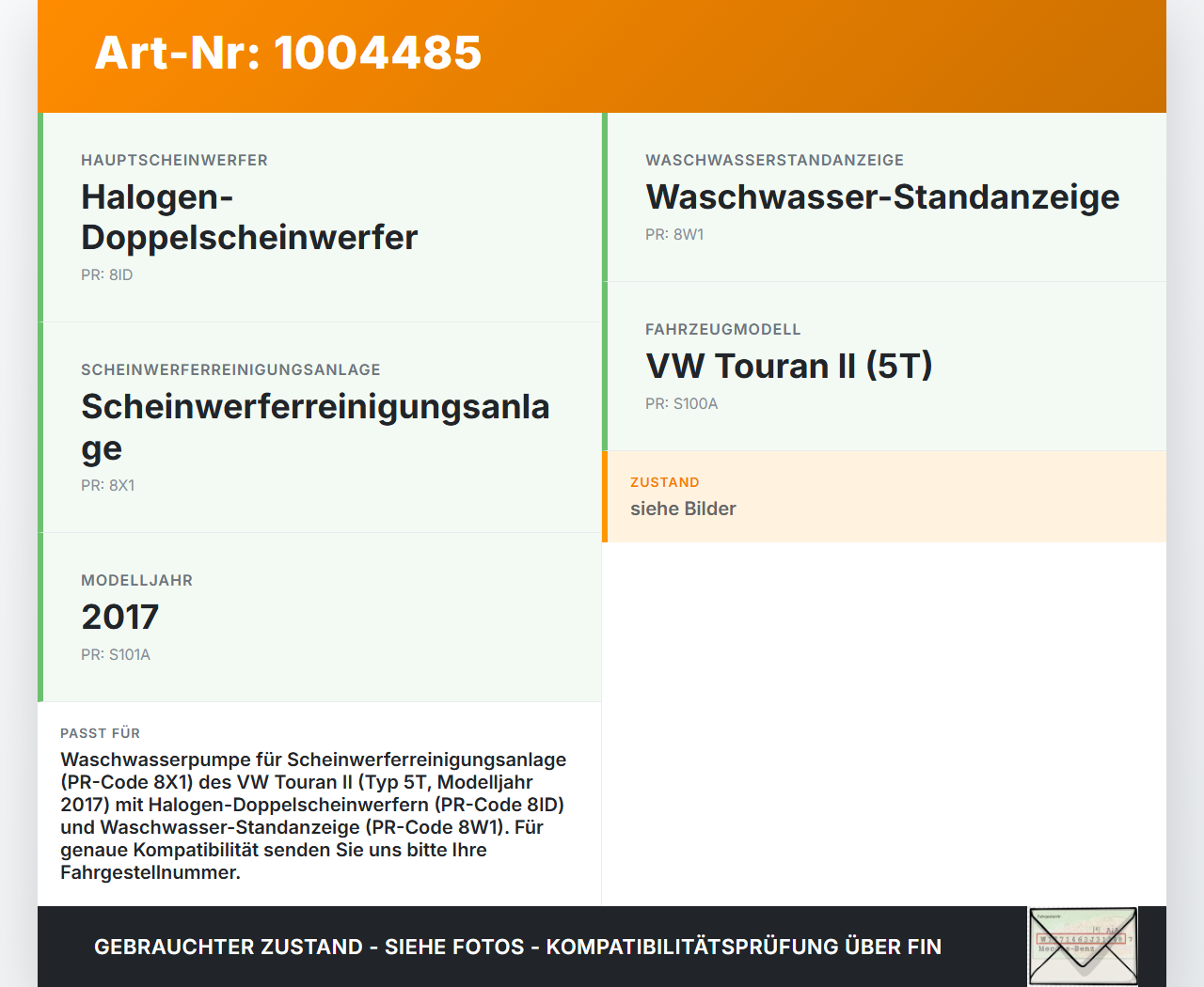 VW Touran II 5T 15-21 Waschwasserpumpe Waschpumpe für Scheinwerfer VW Touran II 5T 15-21 24.10.2016 6R0955681 gebraucht Vorschau 3