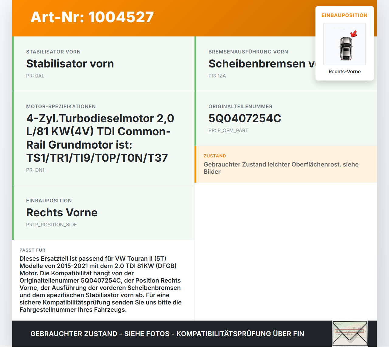 VW Touran II 5T 15-21 TDI 2,0 81KW Achsschenkel Radnabe Rechts Vorne VW Touran II 5T 15-21 24.10.2016 5Q0407254C... Vorschau 3