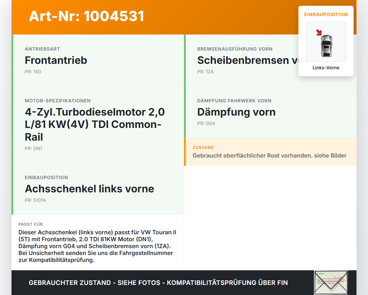 VW Touran II 5T 15-21 TDI 2,0 81KW Achsschenkel Radnabe Links Vorne VW Touran II 5T 15-21 24.10.2016 5Q0407253C... Vorschau 3