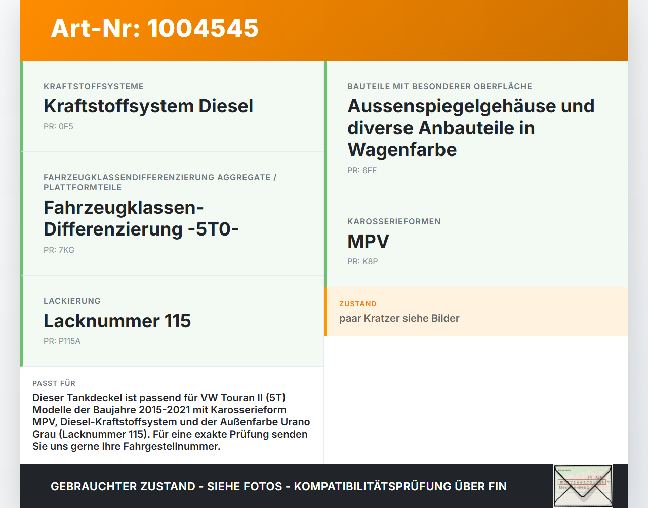VW Touran II 5T 15-21 Tankdeckel Tankklappe L115 VW Touran II 5T 15-21 24.10.2016 5TA809909 5TA845411M gebraucht Vorschau 3