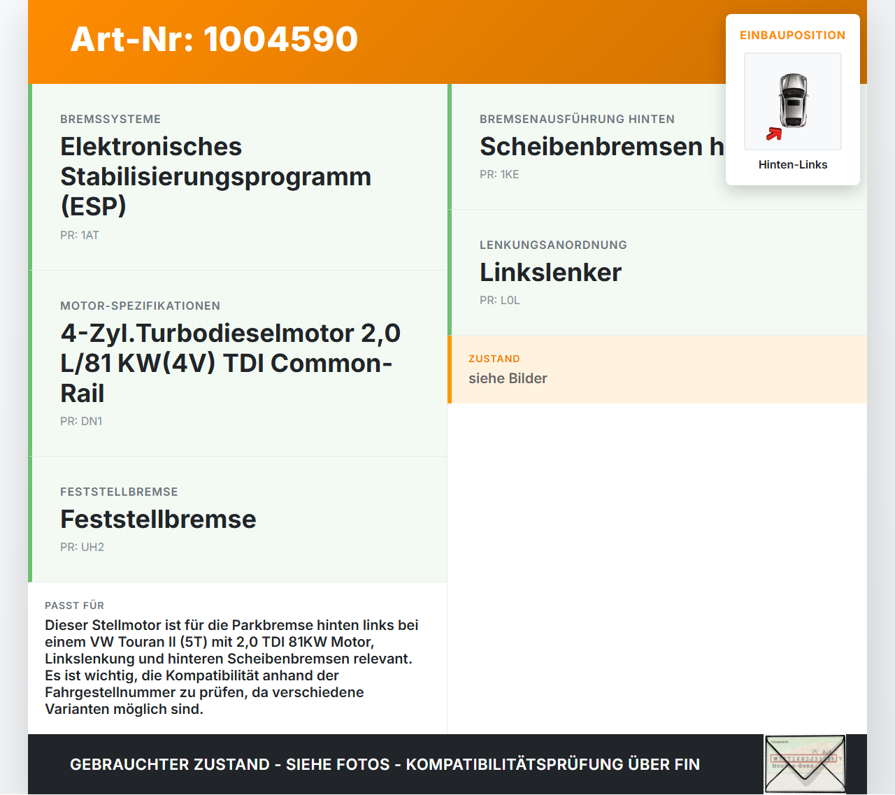 VW Touran II 5T 15-21 TDI 2,0 81KW Stellmotor für Parkbremse Bremssattel Hinten Links VW Touran II 5T 15-21... Vorschau 3