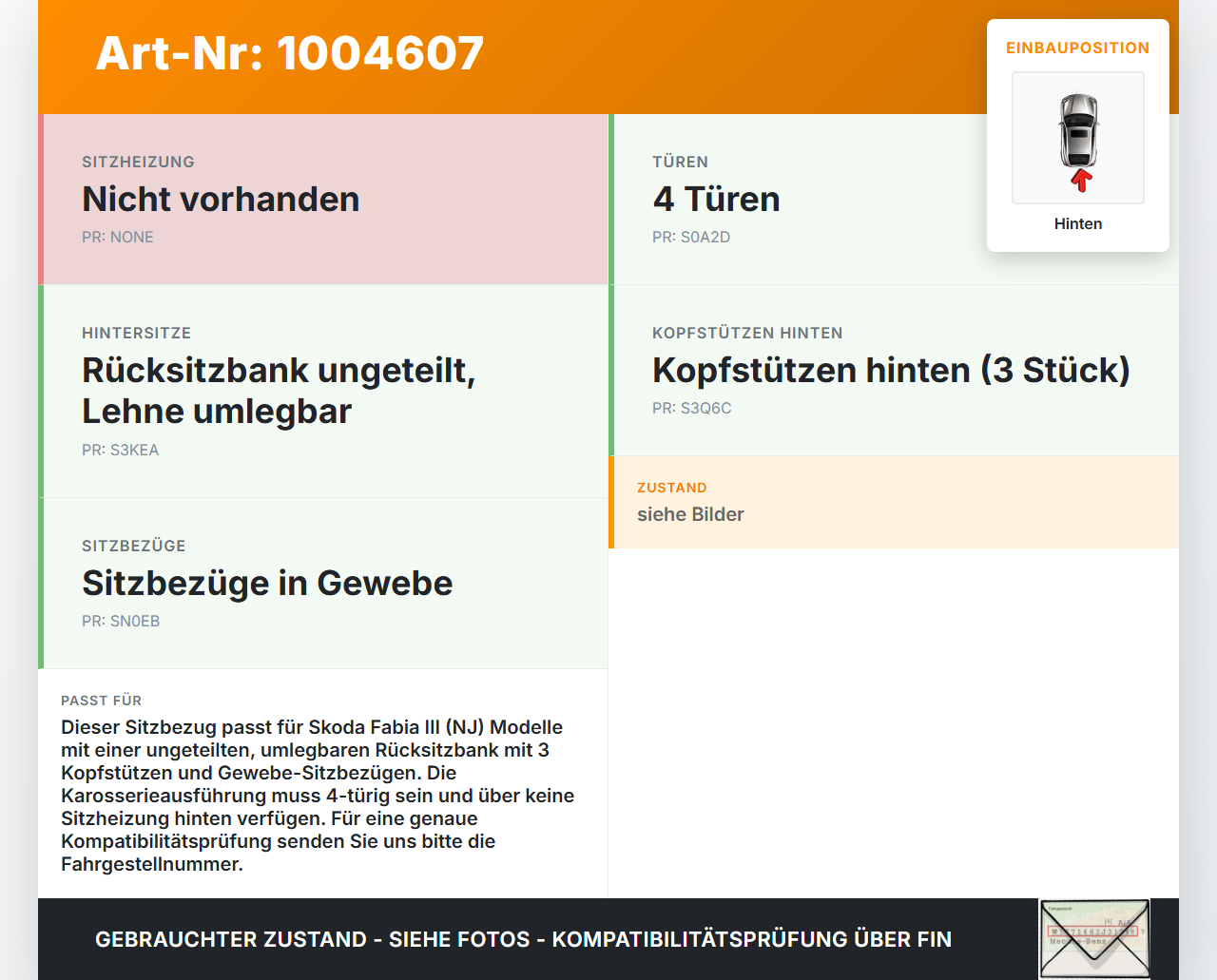 Skoda Fabia III NJ 14-22 5T Sitzbezug Rückenpolster durchgehend für Rücksitzbank Hinten Skoda Fabia III NJ 14-22... Vorschau 3