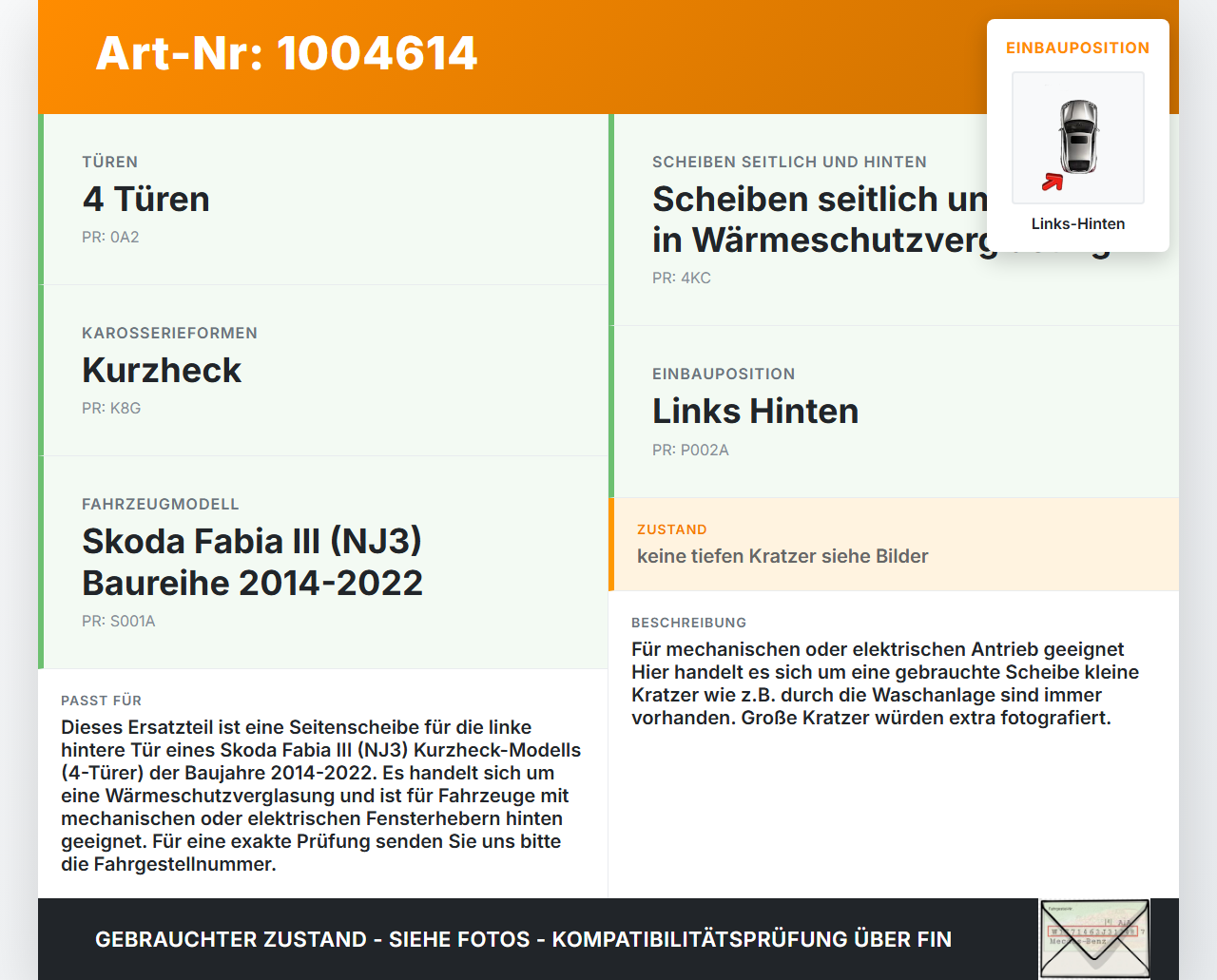 Skoda Fabia III NJ 14-22 5T Seitenscheibe LHK für Tür Fenster Scheibe Links Hinten Skoda Fabia III NJ 14-22... Vorschau 3
