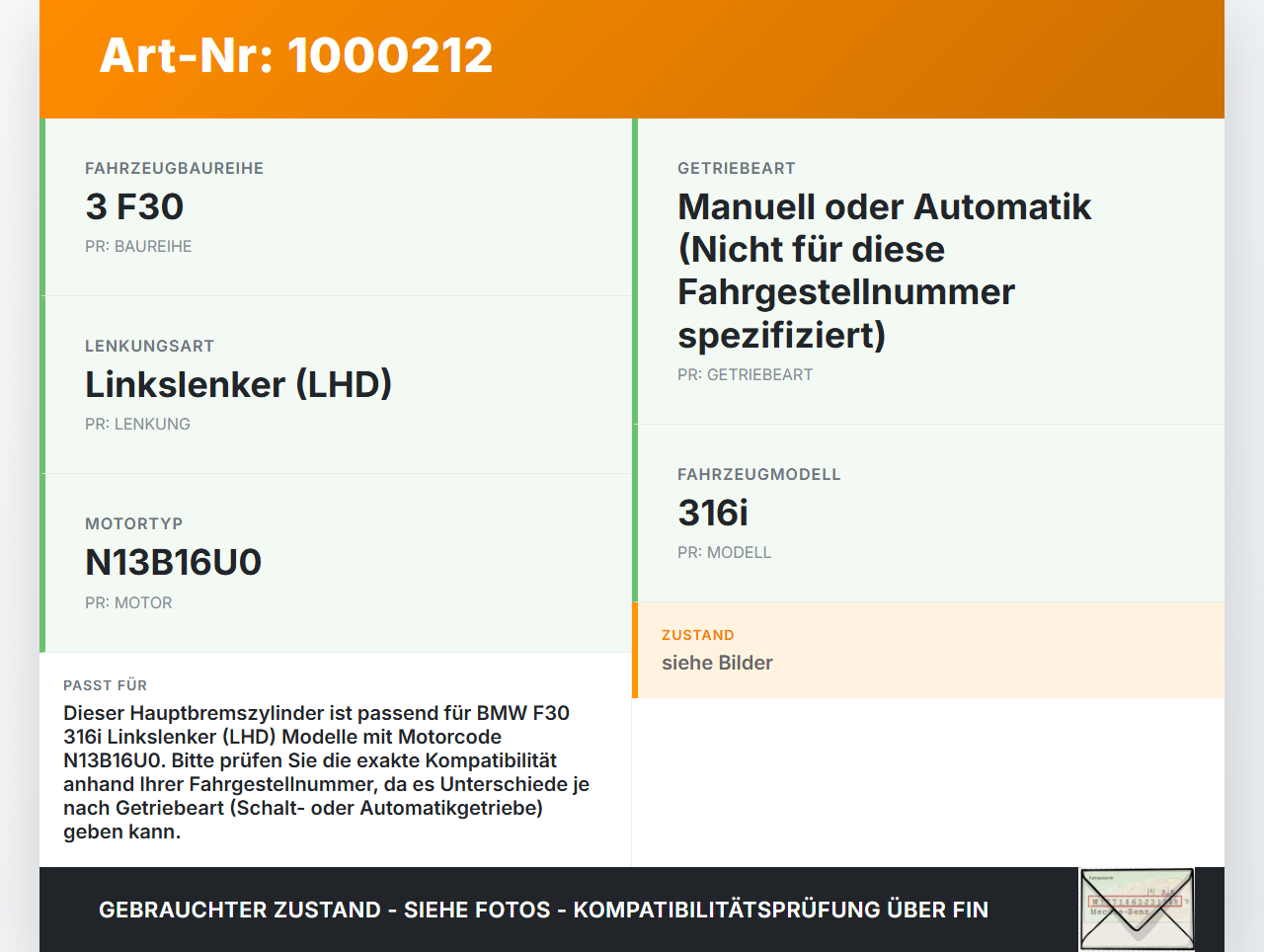 BMW F30 3er 316i 12-15 Hauptbremszylinder Bremszylinder BMW F30 3er 316i 12-15 09.10.2013 6851093 34336851093 gebraucht Vorschau 3