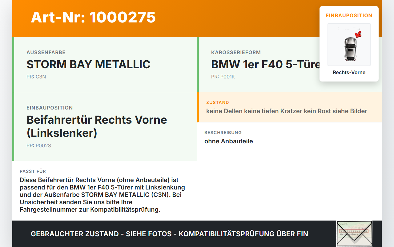 BMW F40 M135i 19-25 5T Tür Beifahrertür Rechts Vorne C3N BMW F40 M135i 19-25 16.03.2021 4151-8737060 8737060 gebraucht Vorschau 3