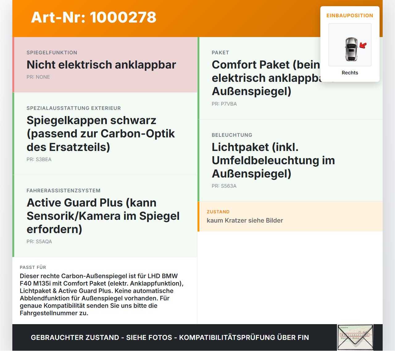 BMW F40 M135i 19-25 Spiegel Aussenspiegel Rechts Carbon C3N BMW F40 M135i 19-25 16.03.2021 gebraucht Vorschau 3