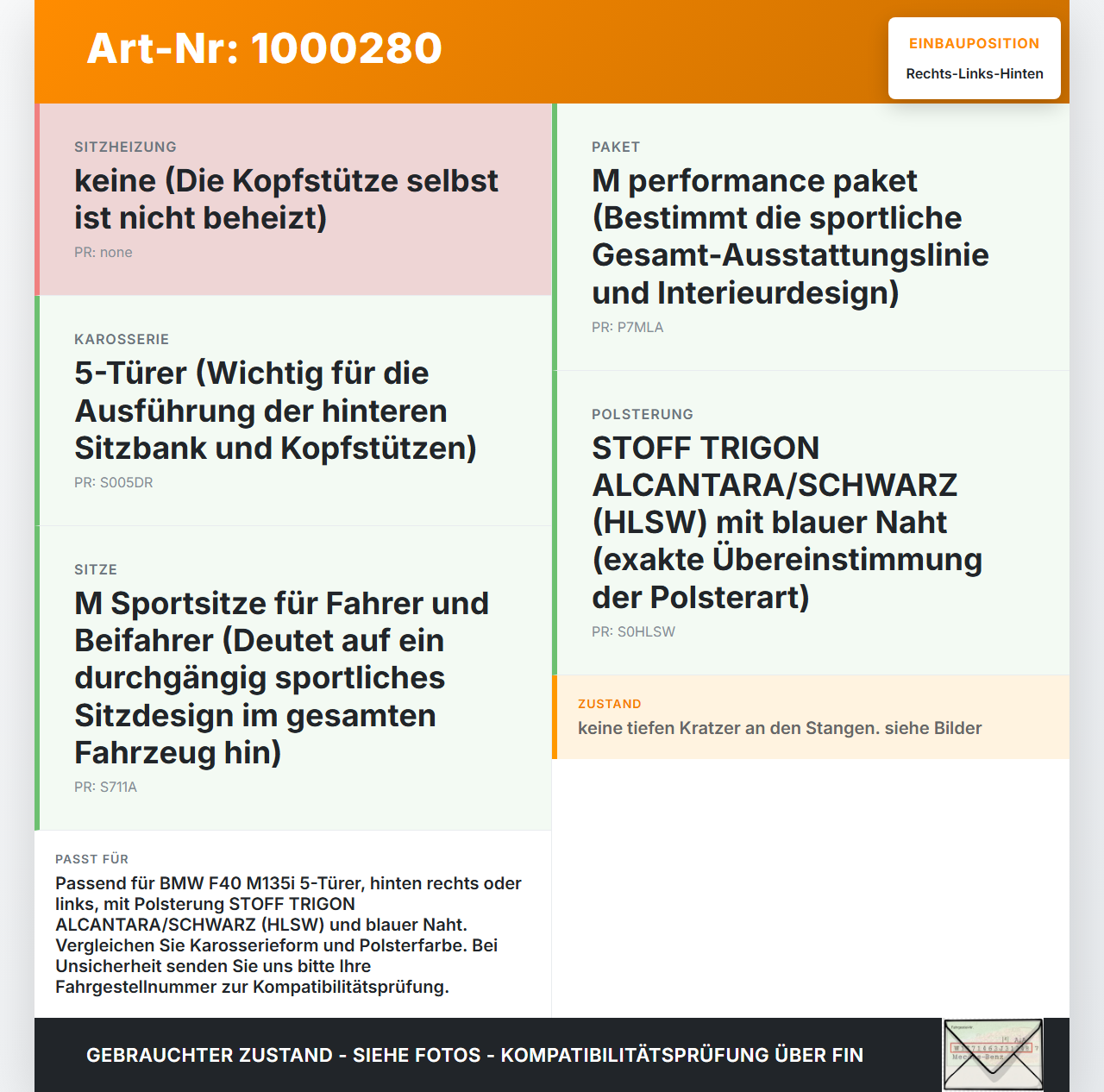 BMW F40 M135i 19-25 Kopfstütze Rechts oder Links Hinten blaue Naht TRIGON ALCANTARA SCHWARZ HLSW BMW F40 M135i... Vorschau 3