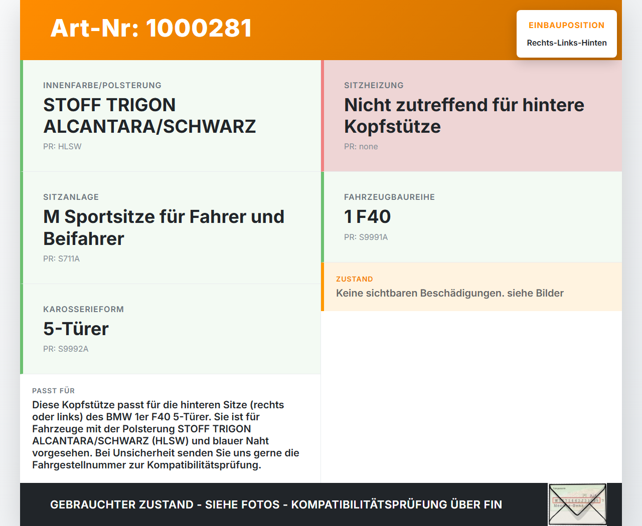 BMW F40 M135i 19-25 Kopfstütze Rechts oder Links Hinten blaue Naht TRIGON ALCANTARA SCHWARZ HLSW BMW F40 M135i... Vorschau 3