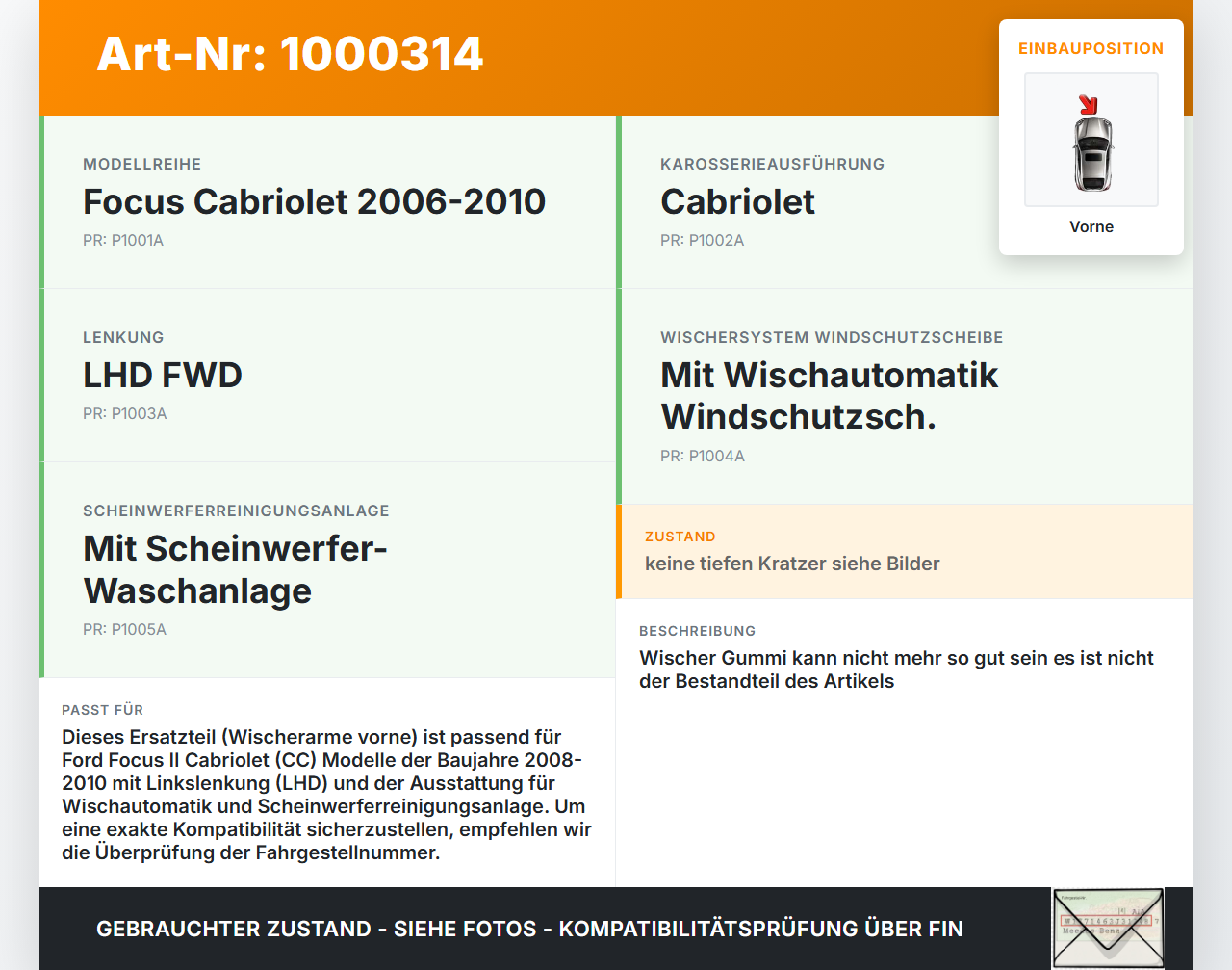 Ford Focus II CC 08-10 2x Scheibenwischer Wischarm Vorne Ford Focus II CC 08-10 12.03.2008 4M51-17526-AE gebraucht Vorschau 3