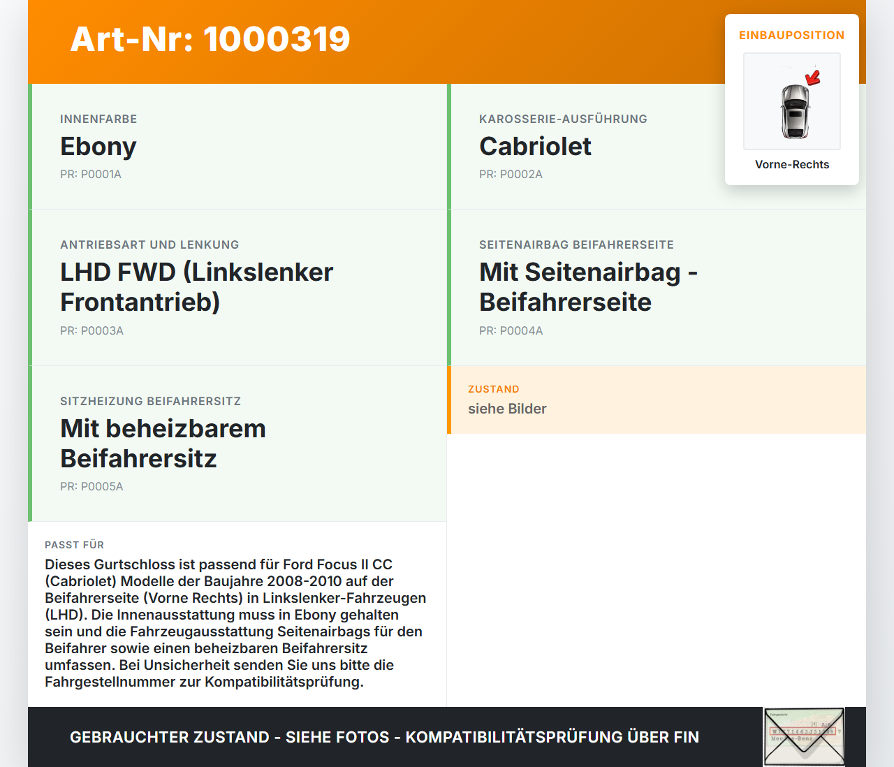 Ford Focus II CC 08-10 Cabriolet Gurtschloss Gurtstraffer Sicherheitsgurt Vorne Rechts Ford Focus II CC 08-10... Vorschau 3