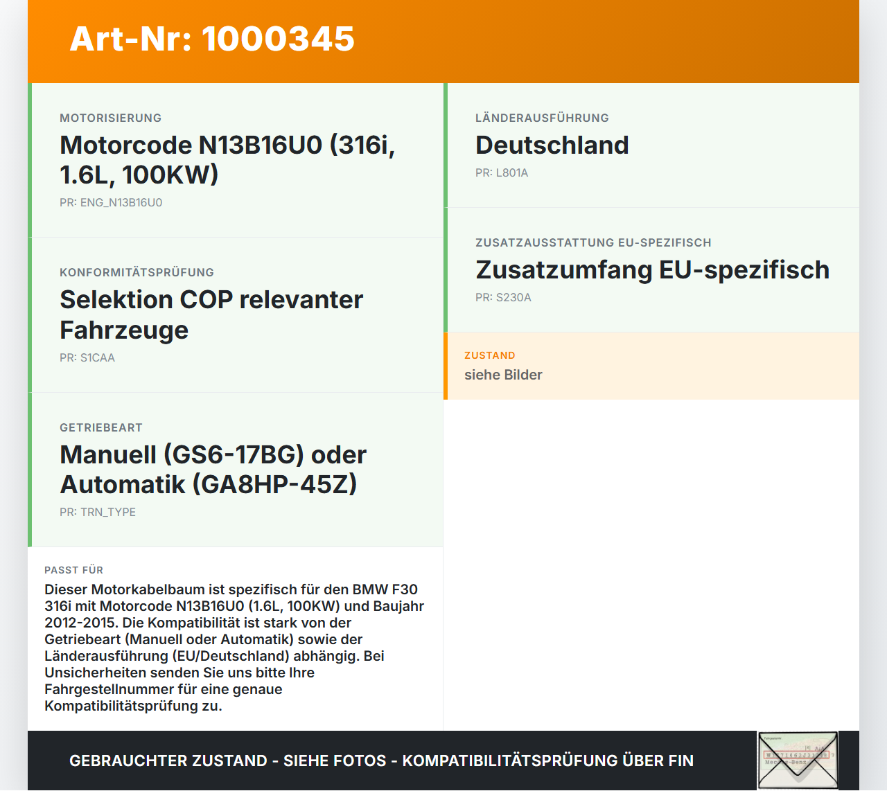 BMW F30 3er 316i 12-15 1,6 100KW Kabelbaum Motorkabelbaum Leitungssatz für Motor BMW F30 3er 316i 12-15 09.10.2013... Vorschau 3