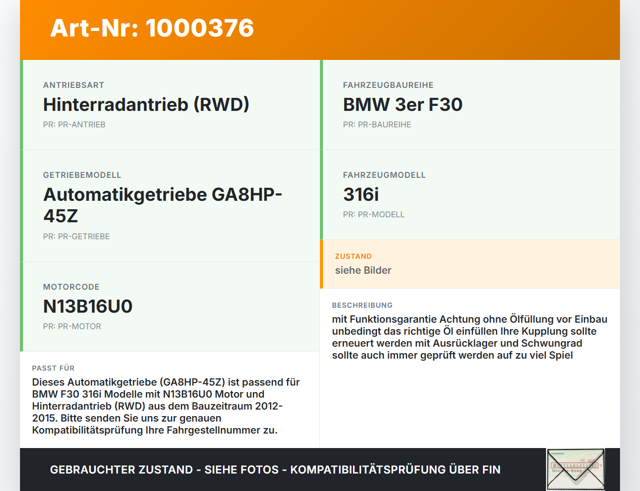 BMW F30 3er 316i 12-15 1,6 100KW GA8HP-45Z Schaltgetriebe Getriebe BMW F30 3er 316i 12-15 09.10.2013 7633986... Vorschau 3