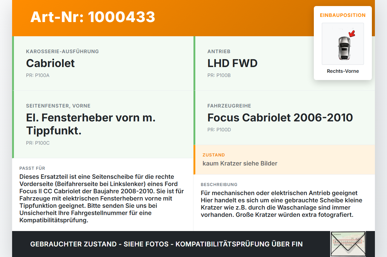 Ford Focus II CC 08-10 Cabriolet Seitenscheibe RVK Türscheibe Rechts Vorne Ford Focus II CC 08-10 12.03.2008... Vorschau 3