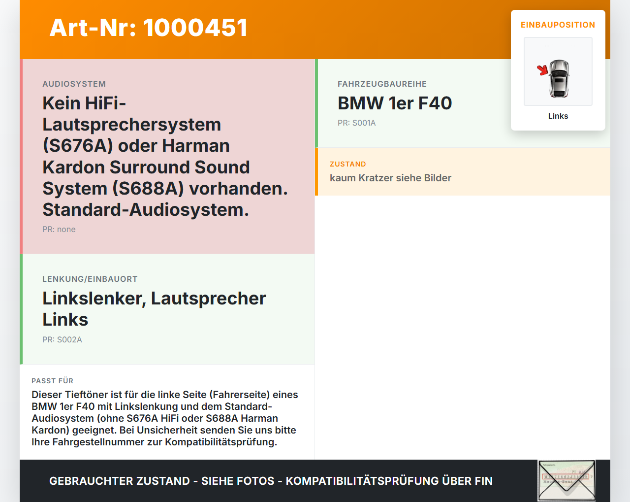 BMW F40 M135i 19-25 Lautsprecher Tieftöner Bass Links BMW F40 M135i 19-25 16.03.2021 7927997 65137927997... Vorschau 3