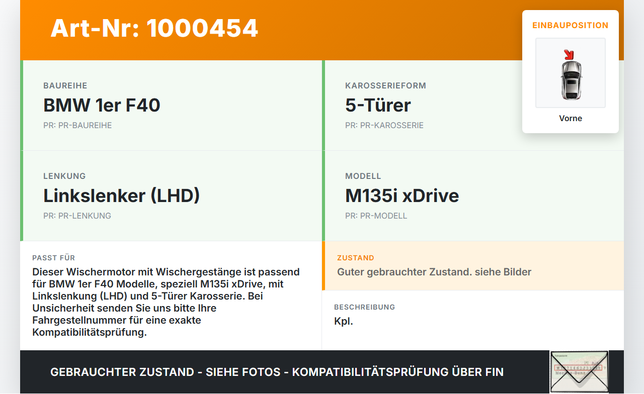 BMW F40 M135i 19-25 Wischermotor mit Wischergestänge Vorne BMW F40 M135i 19-25 16.03.2021 1615360 61615A36EB0... Vorschau 3