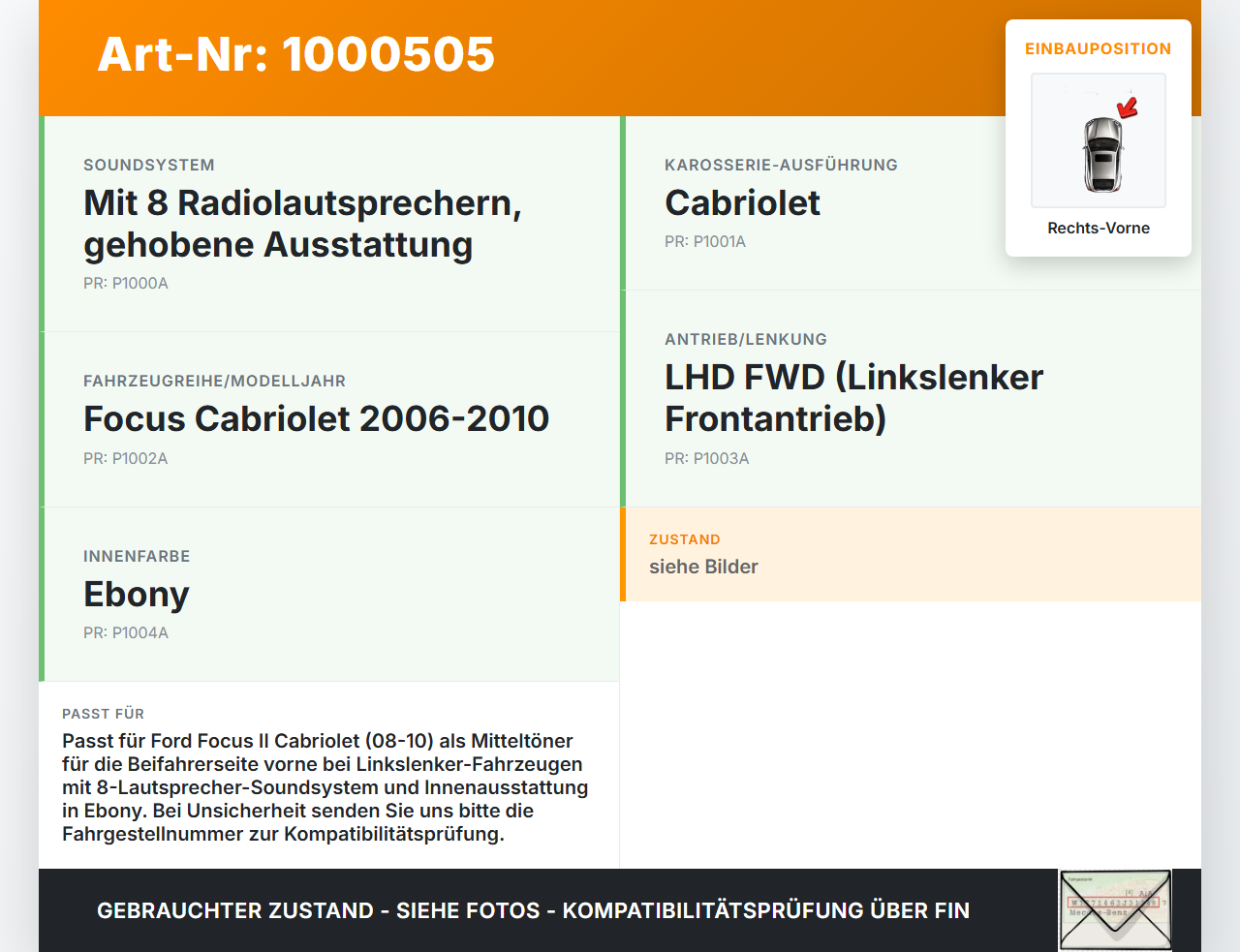 Ford Focus II CC 08-10 Lautsprecher Mitteltöner Rechts Vorne Ford Focus II CC 08-10 12.03.2008 3M5T-18808-DD gebraucht Vorschau 3