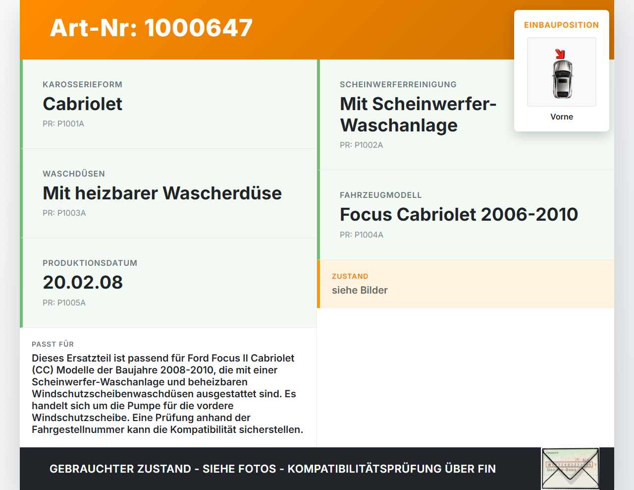 Ford Focus II CC 08-10 Waschwasserpumpe Wischwasserpumpe Waschpumpe Vorne Ford Focus II CC 08-10 12.03.2008 gebraucht Vorschau 3