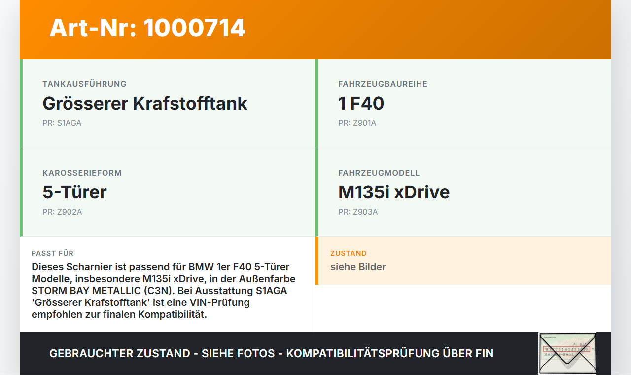 BMW F40 M135i 19-25 Scharnier Arm für Tankdeckel Tankklappe C3N BMW F40 M135i 19-25 16.03.2021 7454411 51717454411... Vorschau 3