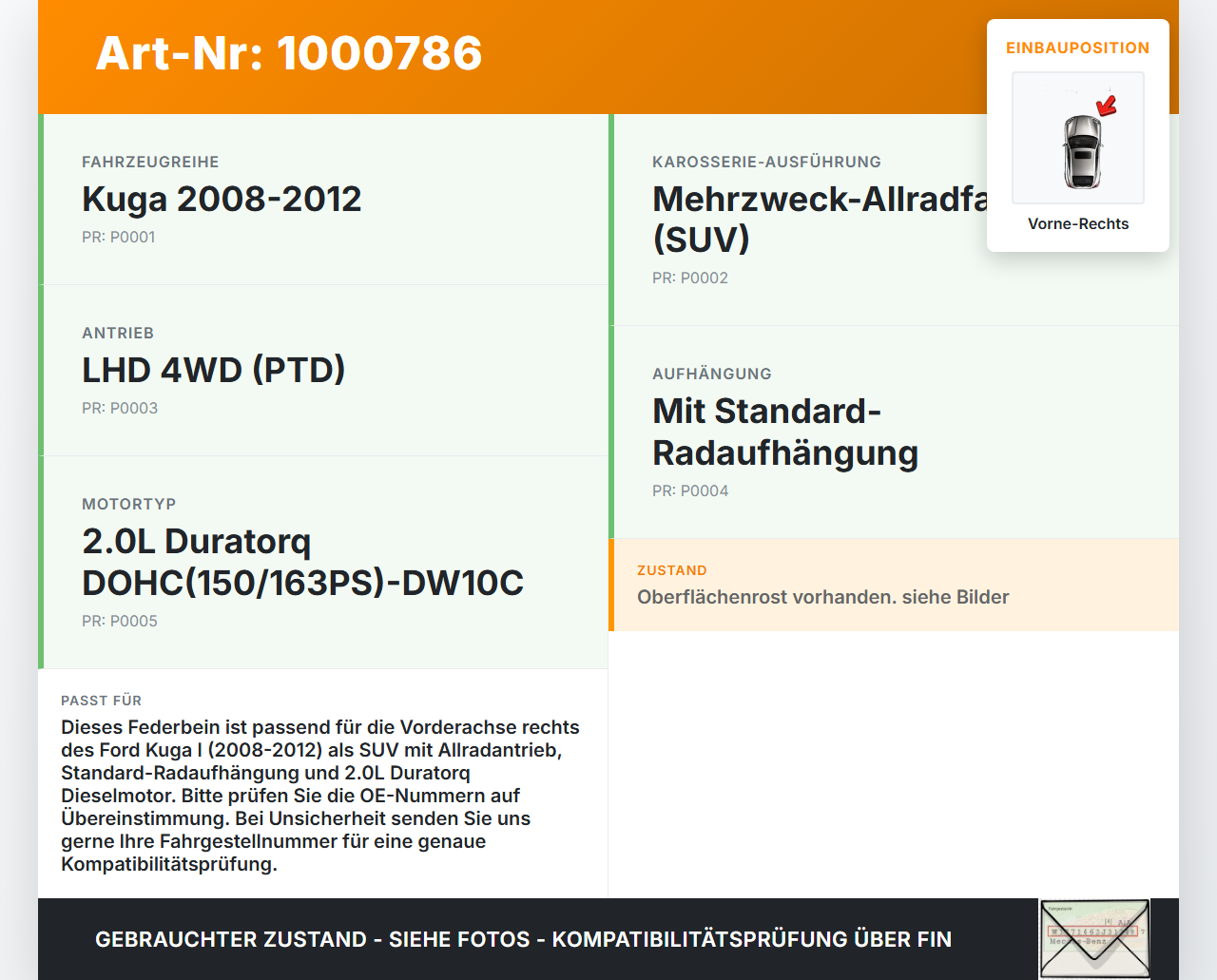 Ford Kuga I 08-12 Federbein Stossdämpfer Vorne Rechts Ford Kuga I 08-12 20.09.2012 9V41-18045-FA 8V41-18045-FA... Vorschau 3