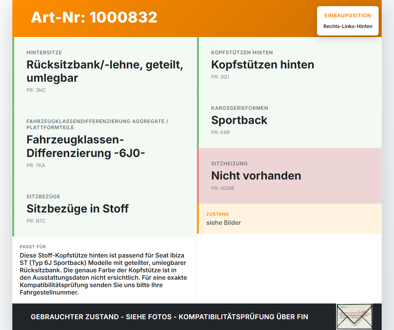 Seat Ibiza ST 6J Kopfstütze Rechts oder Links Hinten Seat Ibiza ST 6J 25.04.2013 6J0885914 gebraucht Vorschau 3