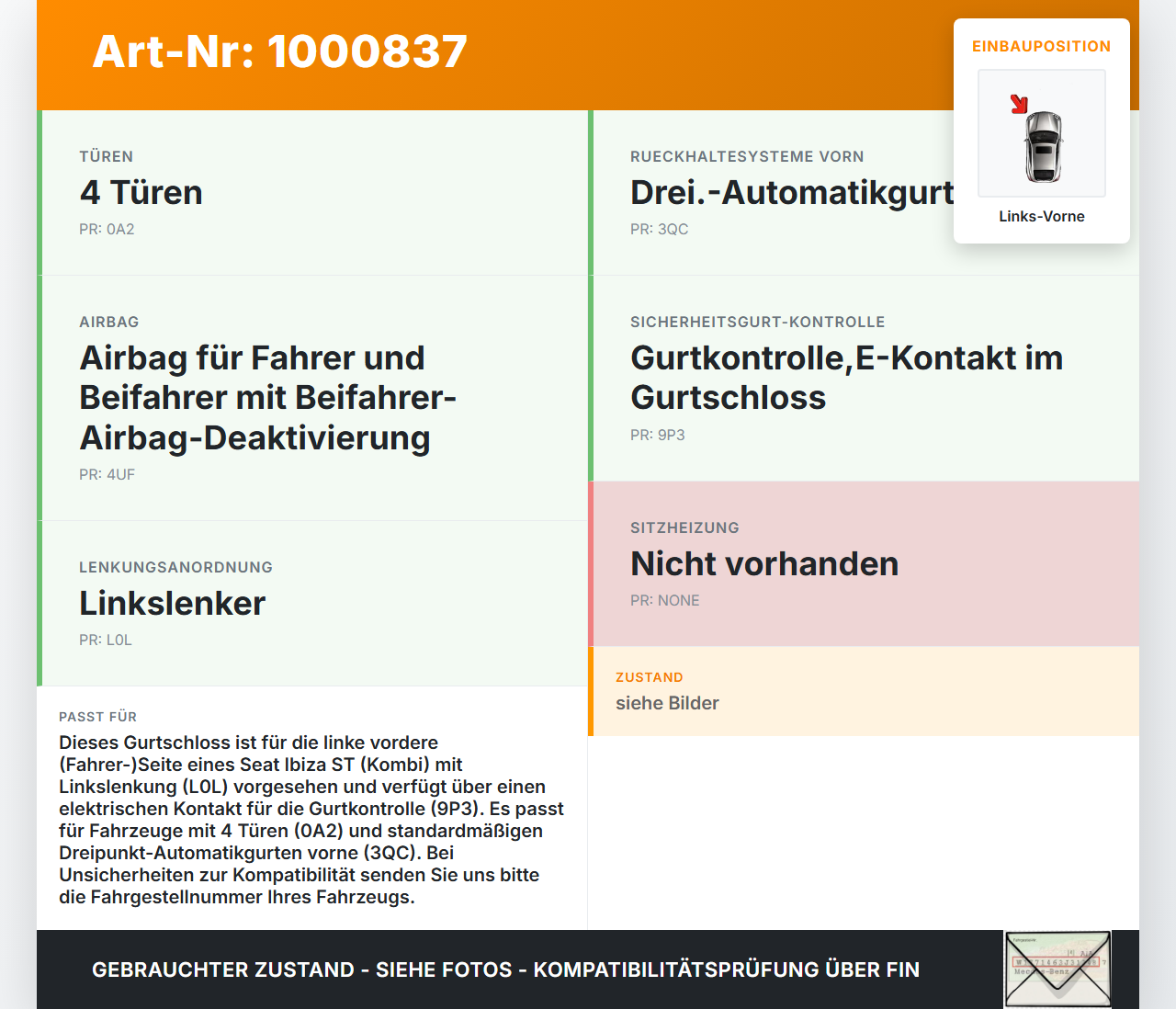 Seat Ibiza ST 6J Kombi Gurtschloss Links Vorne Seat Ibiza ST 6J 25.04.2013 6J4857705 gebraucht Vorschau 3
