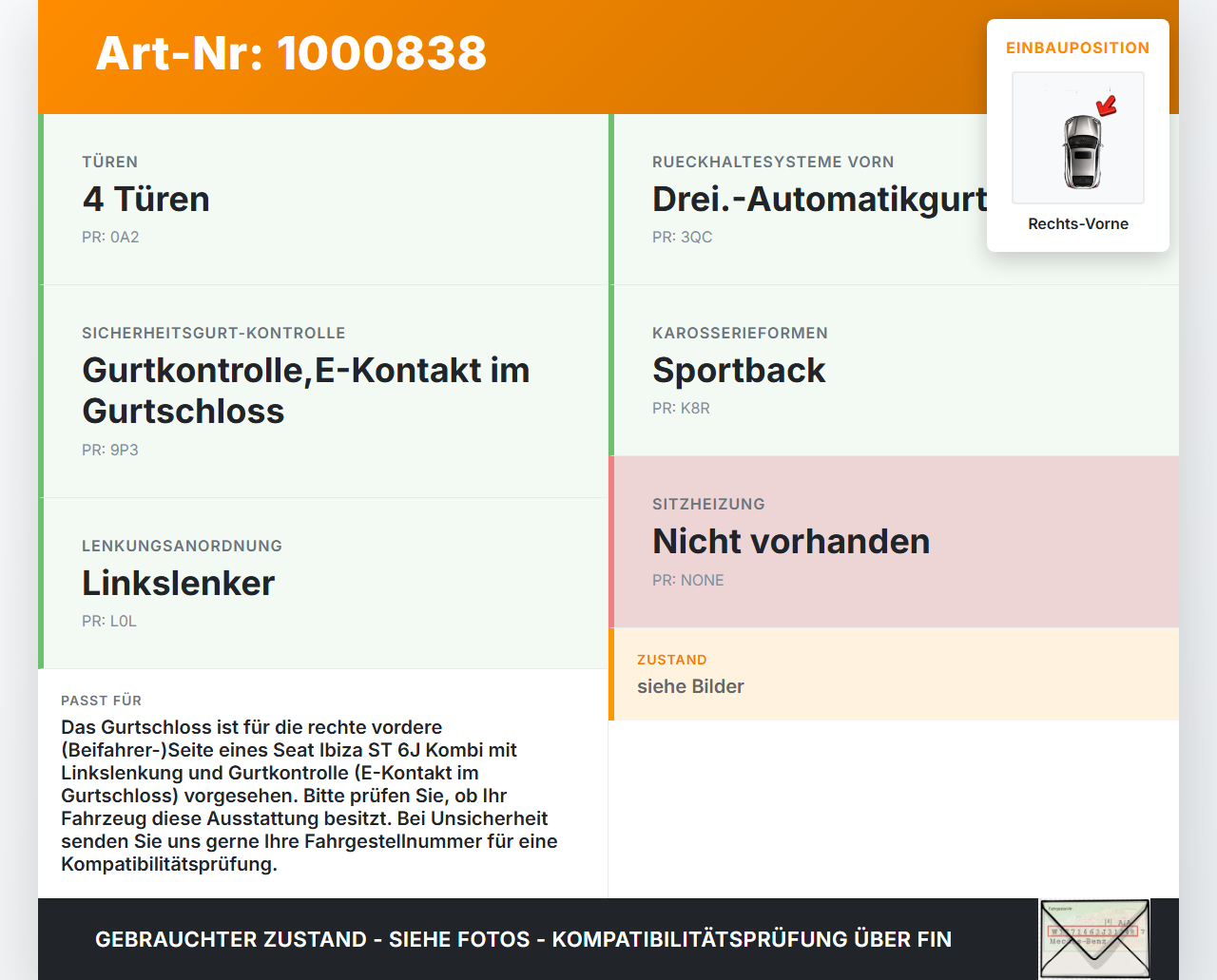 Seat Ibiza ST 6J Kombi Gurtschloss Rechts Vorne Seat Ibiza ST 6J 25.04.2013 6R0857756D gebraucht Vorschau 3