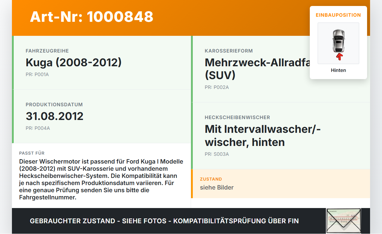 Ford Kuga I 08-12 Wischermotor Hinten Ford Kuga I 08-12 20.09.2012 8V41-17K441-AC 0390201208 gebraucht Vorschau 3