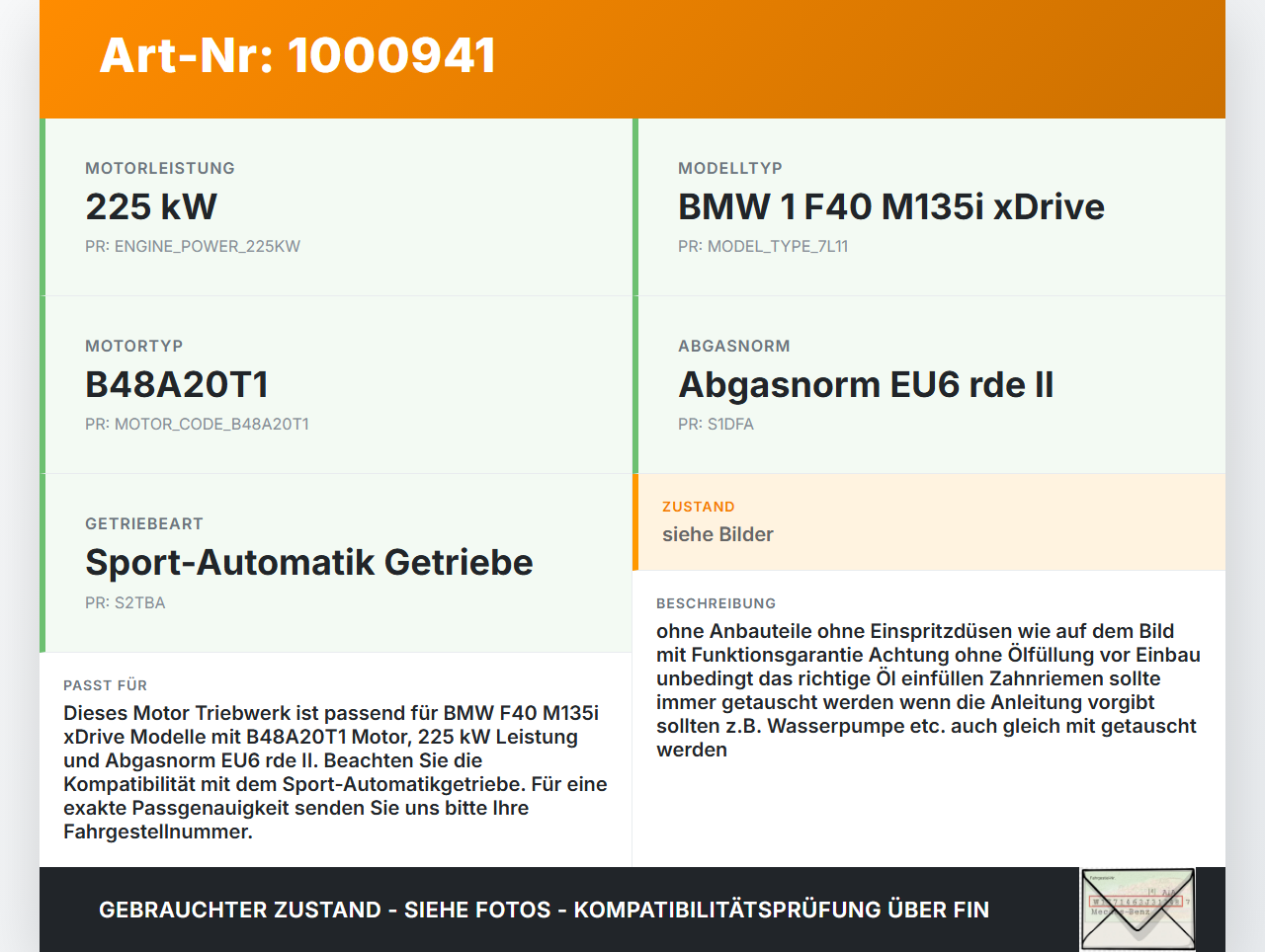 BMW F40 M135i 19-25 2,0i 225KW B48A20T1 B48E Motor Triebwerk BMW F40 M135i 19-25 16.03.2021 8631765 8632047BMW gebraucht Vorschau 3