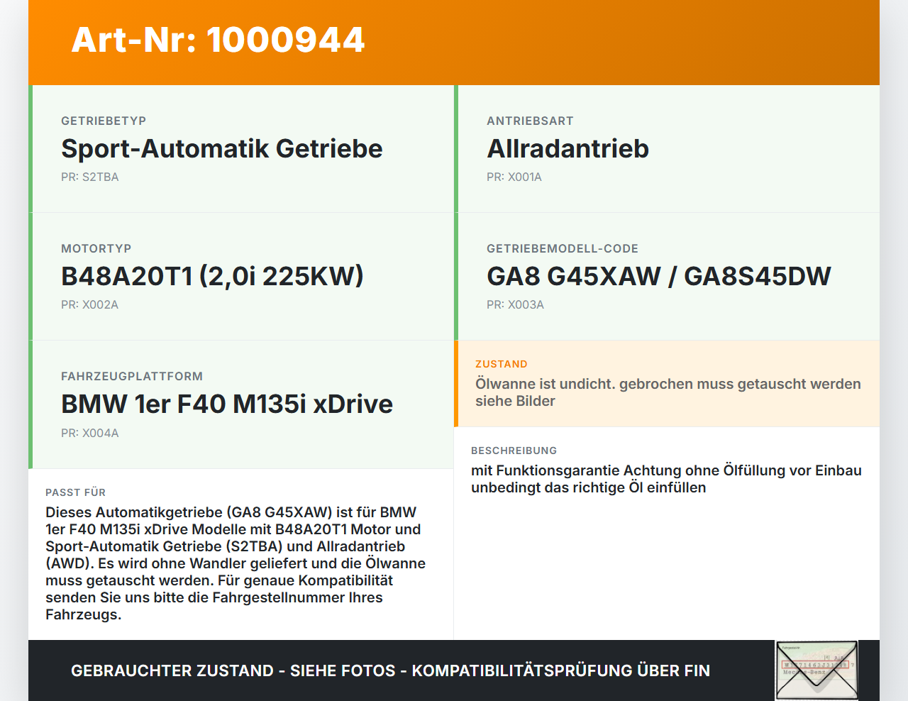 BMW F40 M135i 19-25 2,0i 225KW 4WD GA8 G45XAW Automatikgetriebe Getriebe ohne Wandler BMW F40 M135i 19-25... Vorschau 3