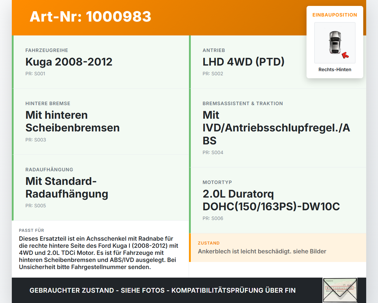 Ford Kuga I 08-12  TDCi 2,0 120KW 4WD Achsschenkel Radnabe Rechts Hinten Ford Kuga I 08-12 20.09.2012 8V41-5A968-BA... Vorschau 3