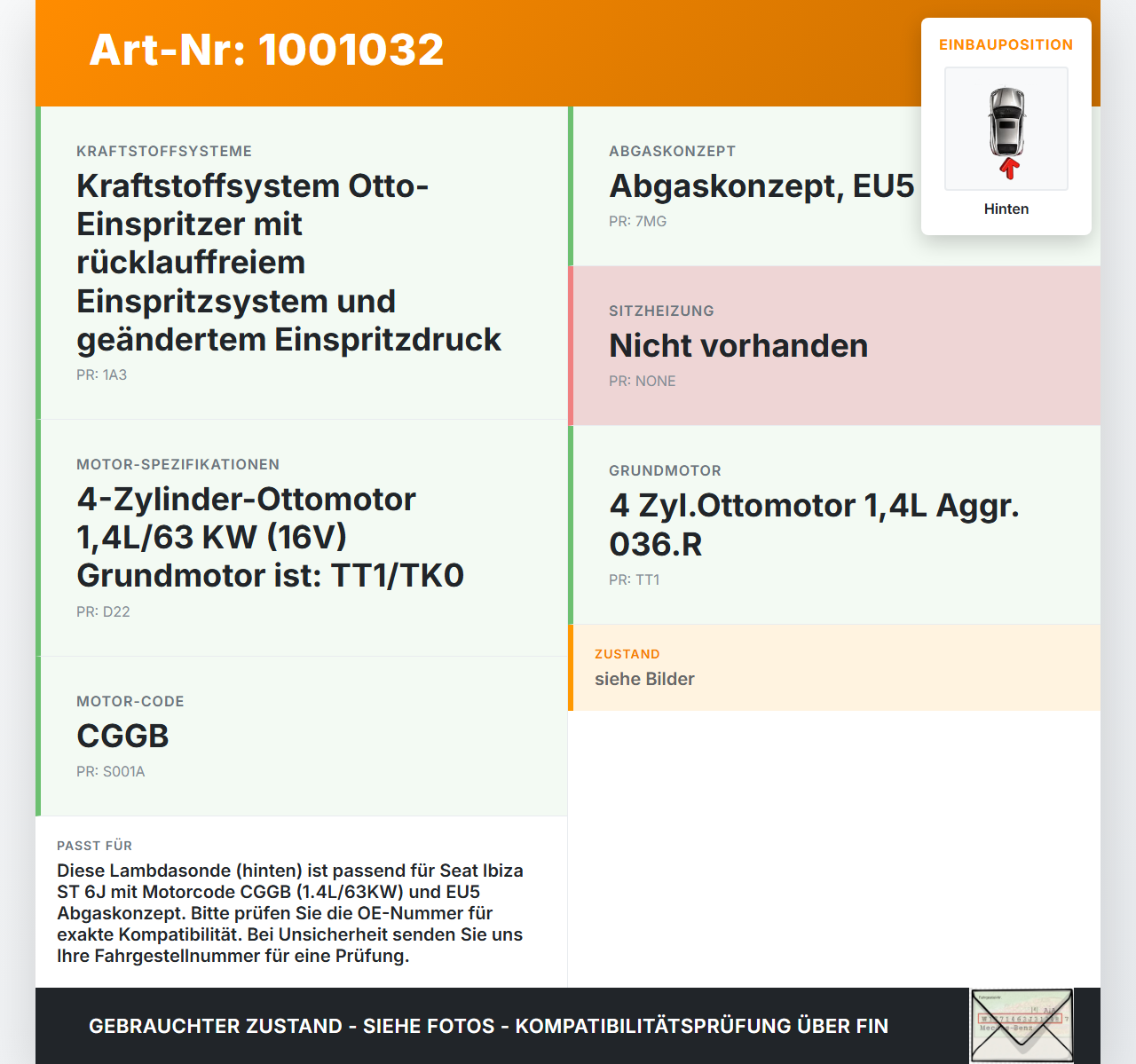 Seat Ibiza ST 6J 1,4 63KW Lambdasonde Hinten Seat Ibiza ST 6J 25.04.2013 036906262D gebraucht Vorschau 3