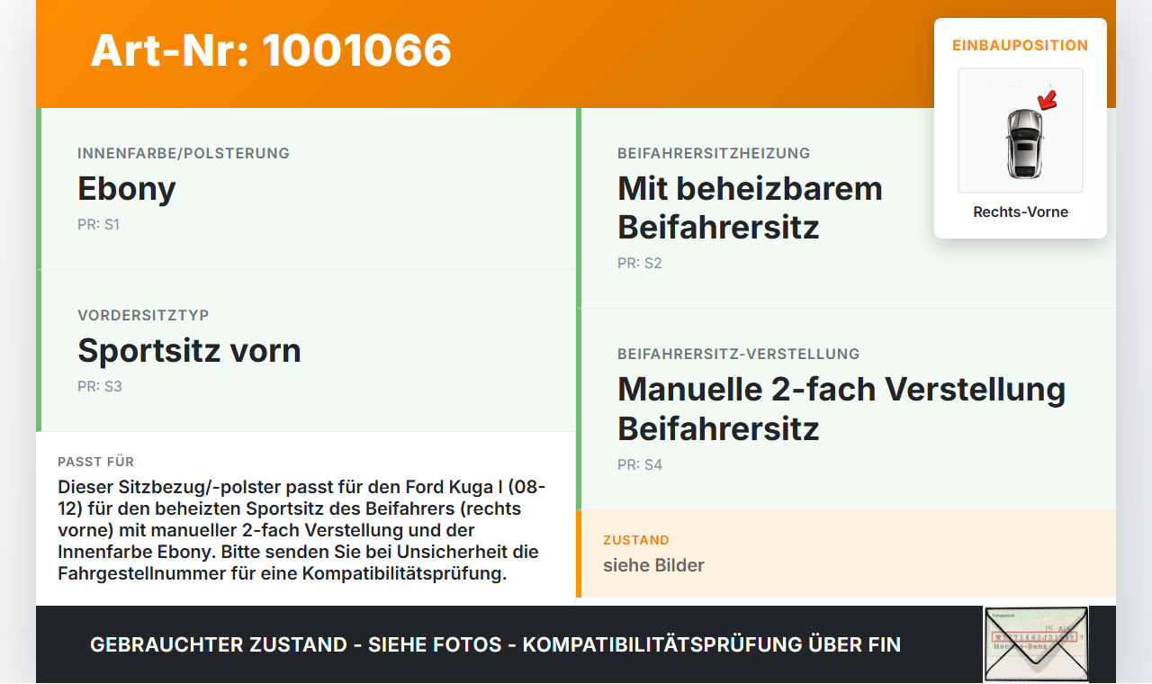 Ford Kuga I 08-12 Sitzbezug Sitzpolster für Beifahrersitz Rechts Vorne beheizt Ford Kuga I 08-12 20.09.2012 gebraucht Vorschau 3