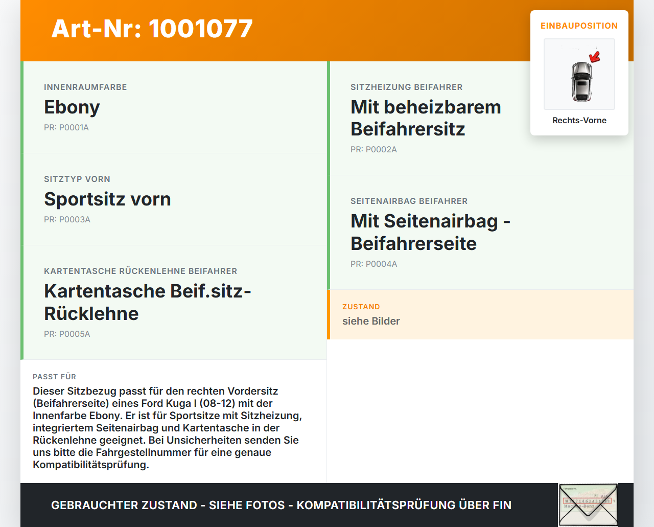 Ford Kuga I 08-12 Sitzbezug Rückenpolster Rechts Vorne für Beifahrer Sitz Ford Kuga I 08-12 20.09.2012 gebraucht Vorschau 3