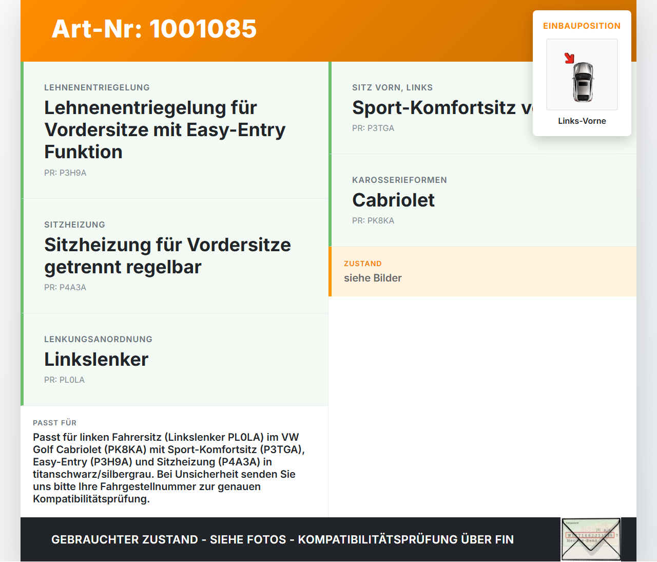 VW Golf CC 517 11-16 Cabrio Sitzbezug Sitzpolster für Fahrersitz Sitz Links Vorne beheizt titanschwarz/silbergrau... Vorschau 3