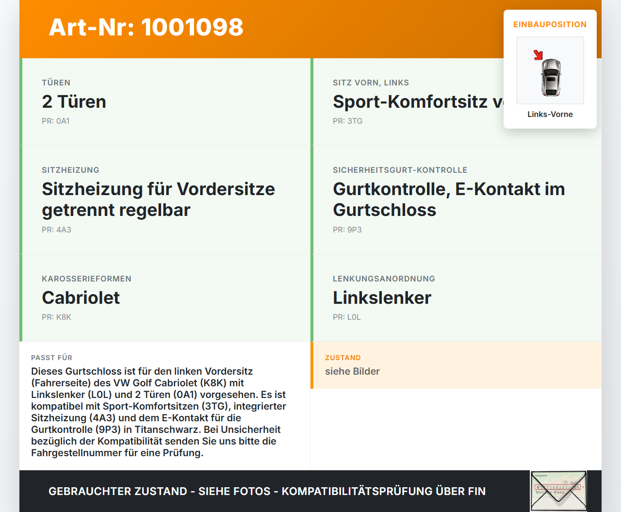 VW Golf CC 517 11-16 Cabrio Gurtschloss Links Vorne VW Golf CC 517 11-16 24.04.2014 1K3857755AG 1K3857755AD... Vorschau 3
