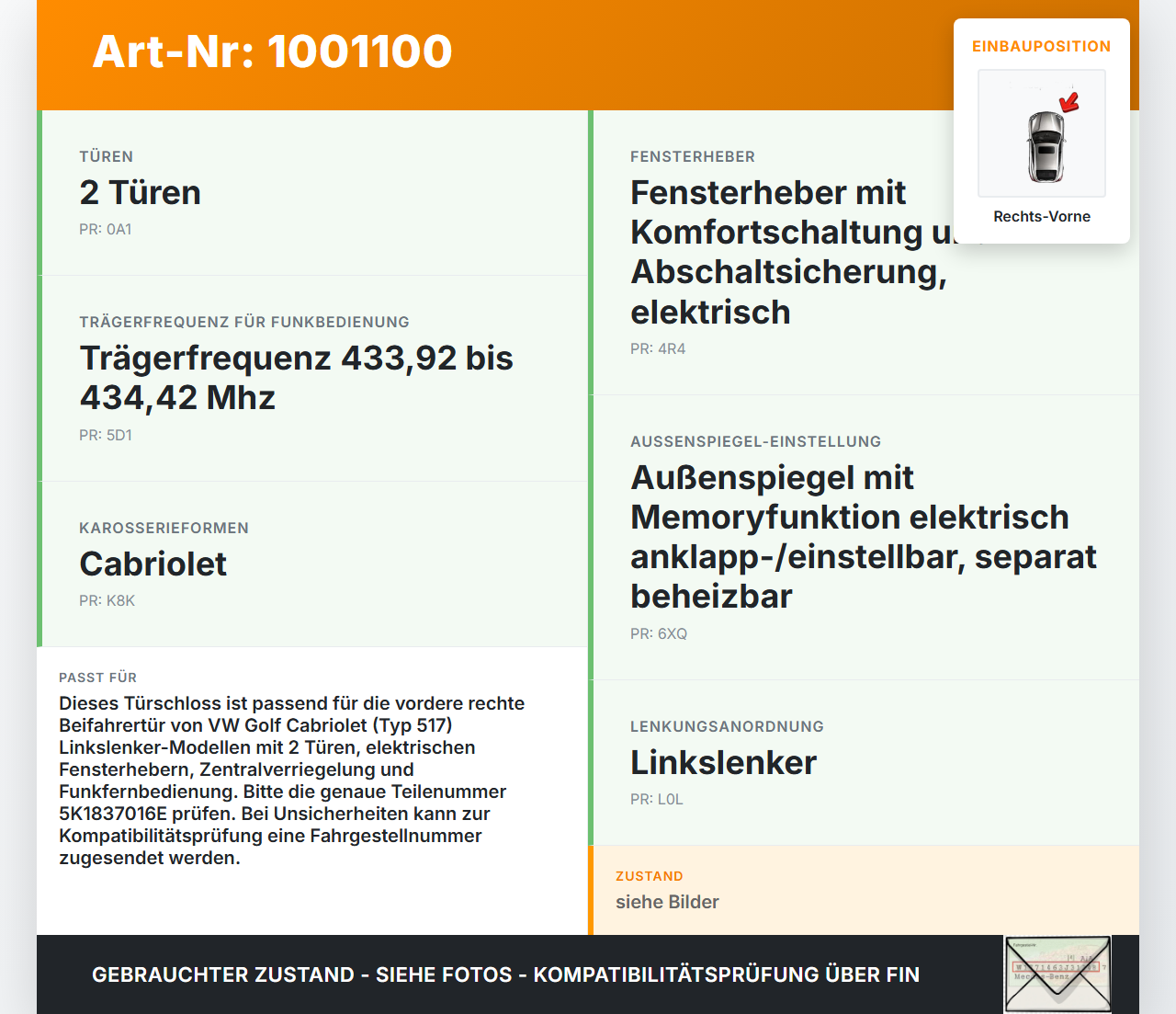 VW Golf CC 517 11-16 Cabrio Türschloss m. ZV Stellmotor Rechts Vorne VW Golf CC 517 11-16 24.04.2014 5K1837016E... Vorschau 3