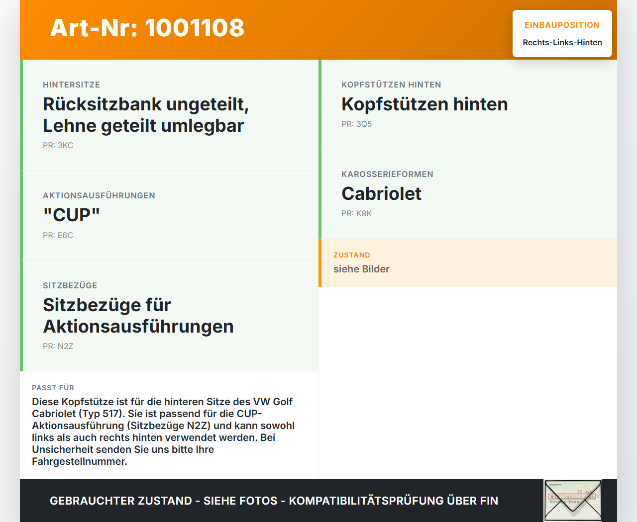VW Golf CC 517 11-16 Kopfstütze Rechts oder Links Hinten VW Golf CC 517 11-16 24.04.2014 5K7885901 gebraucht Vorschau 3