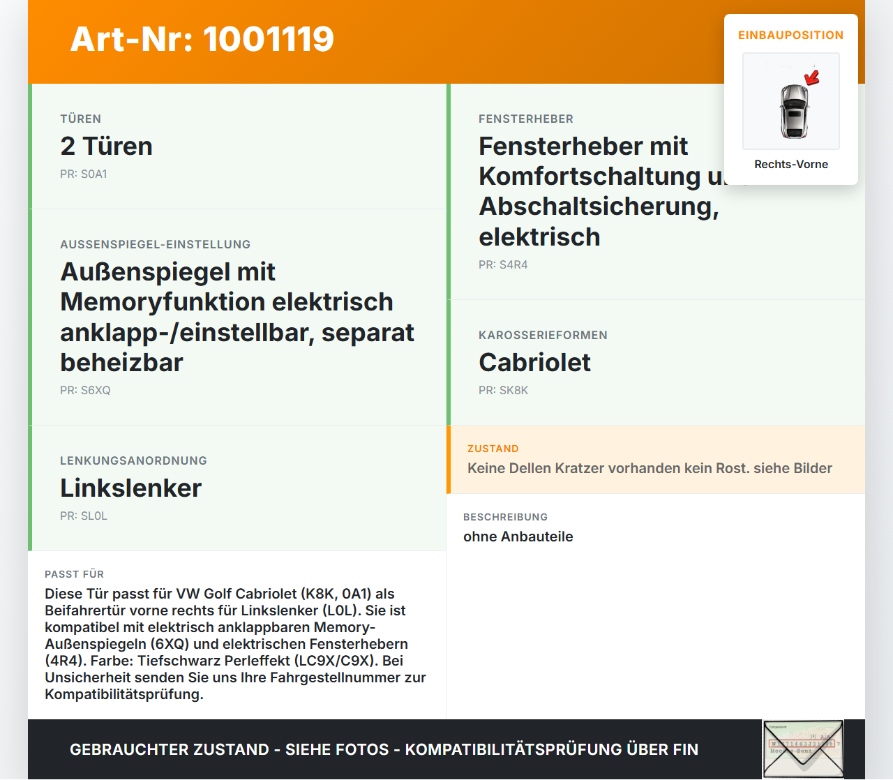 VW Golf CC 517 11-16 Cabrio Tür Beifahrertür Rechts Vorne LC9X VW Golf CC 517 11-16 24.04.2014 5K7831056D gebraucht Vorschau 3