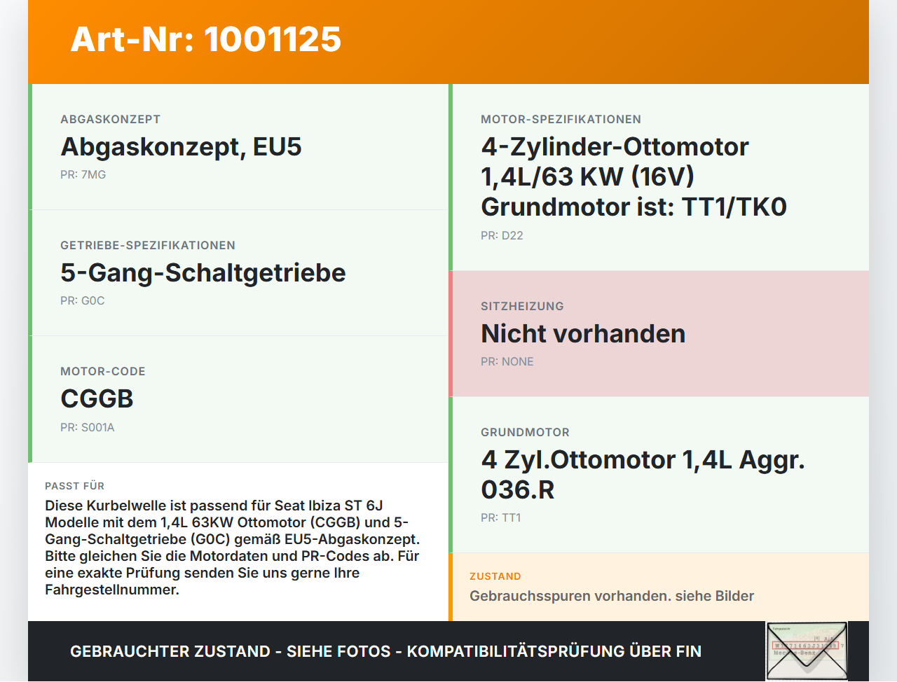Seat Ibiza ST 6J 1,4 63KW CGGB Kurbelwelle Seat Ibiza ST 6J 25.04.2013 gebraucht Vorschau 3