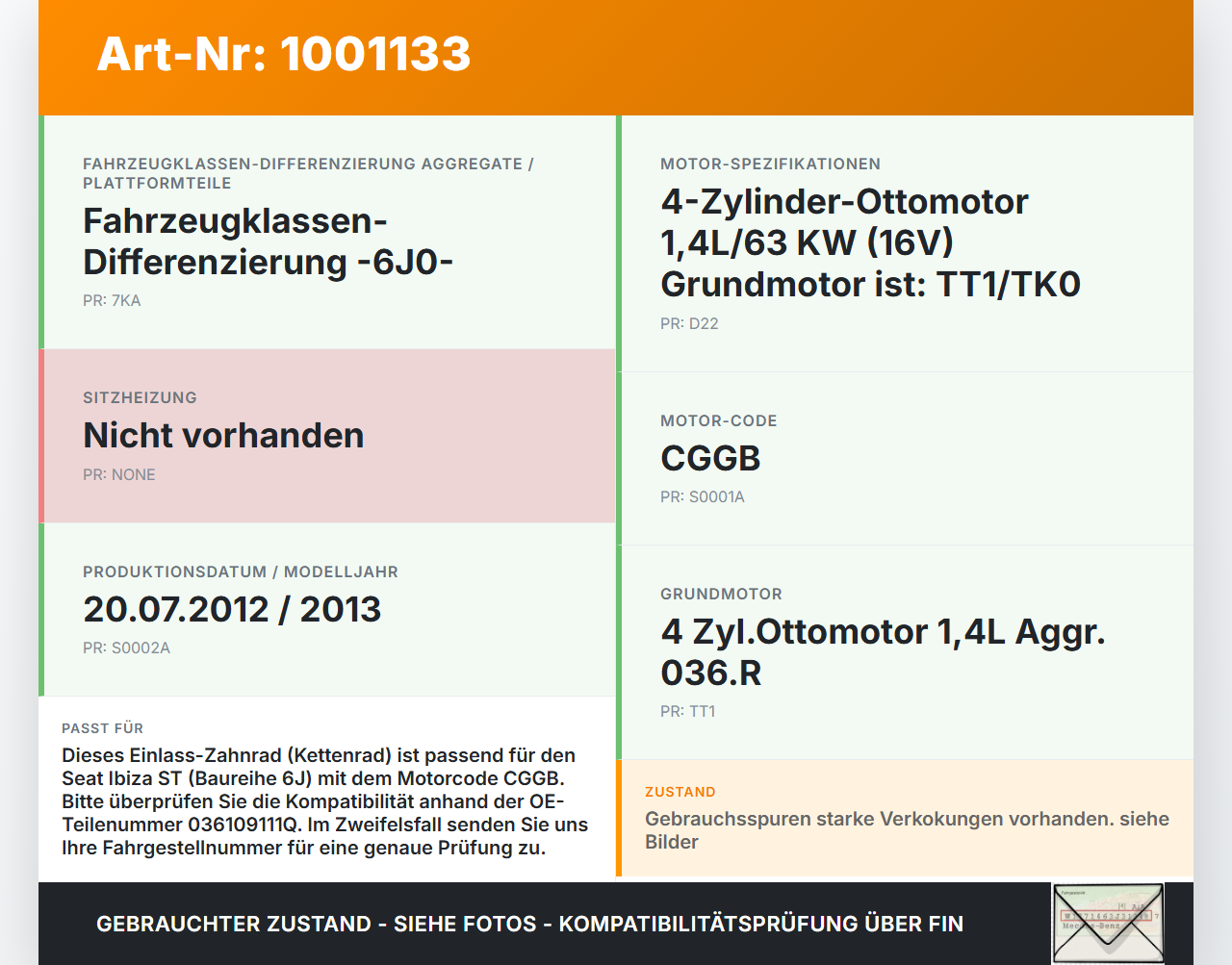 Seat Ibiza ST 6J 1,4 63KW CGGB Zahnrad Einlass Seat Ibiza ST 6J 25.04.2013 03C109101EC 036109111Q gebraucht Vorschau 3