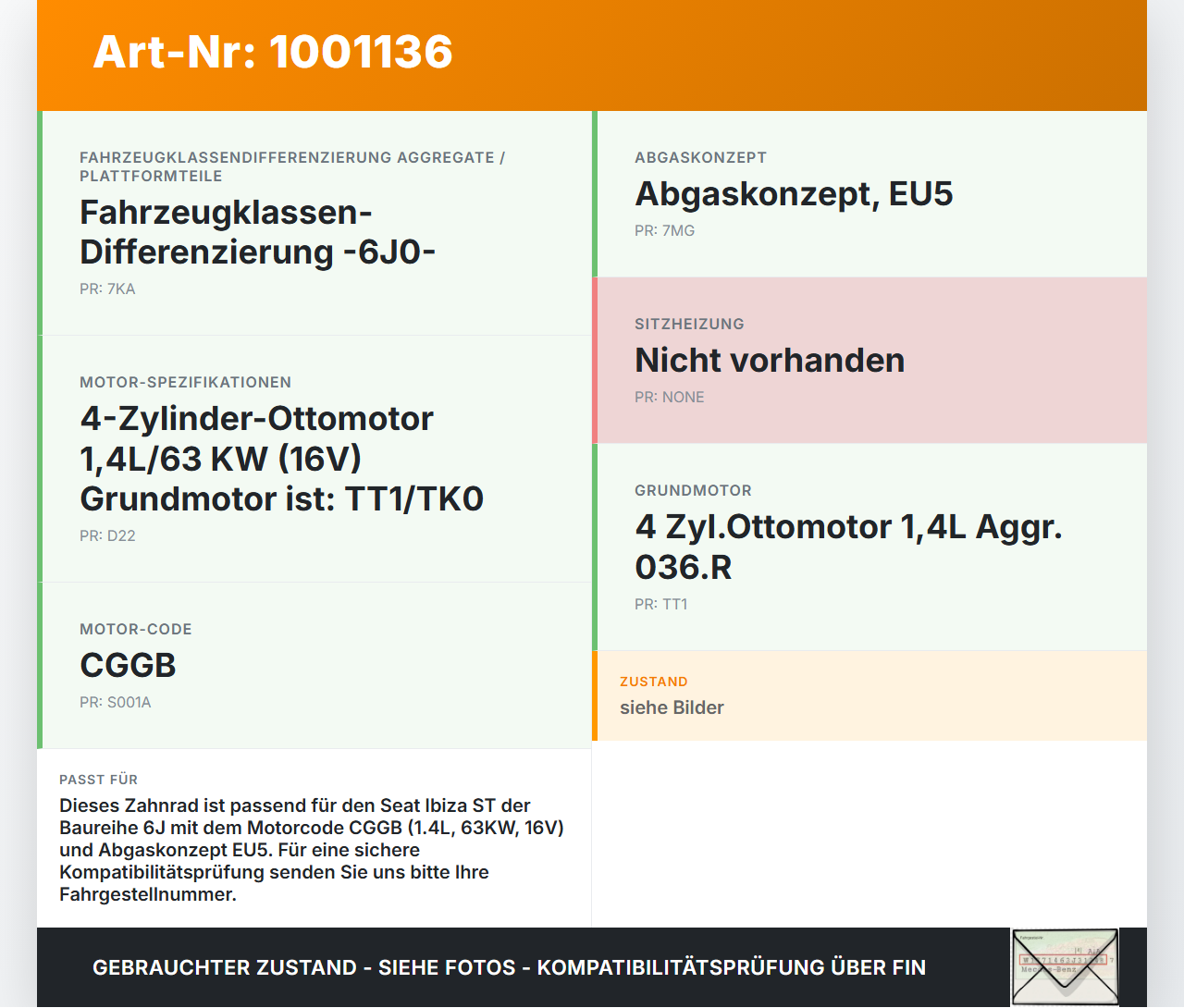 Seat Ibiza ST 6J 1,4 63KW CGGB Zahnrad Seat Ibiza ST 6J 25.04.2013 036105263Q 036105263A gebraucht Vorschau 3