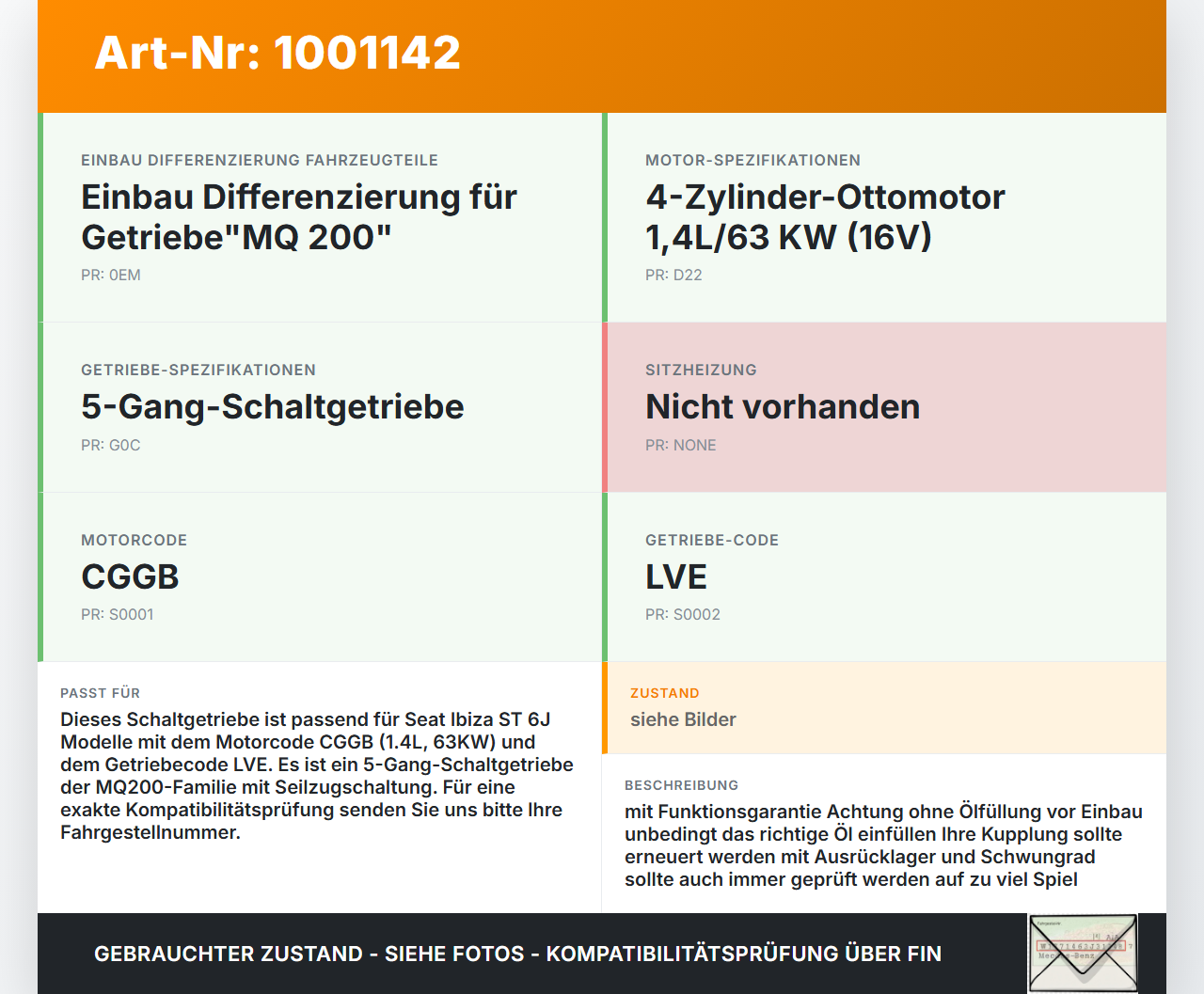 Seat Ibiza ST 6J 1,4 63KW LVE Schaltgetriebe Getriebe LVE Seat Ibiza ST 6J 25.04.2013 02T300020C gebraucht Vorschau 3