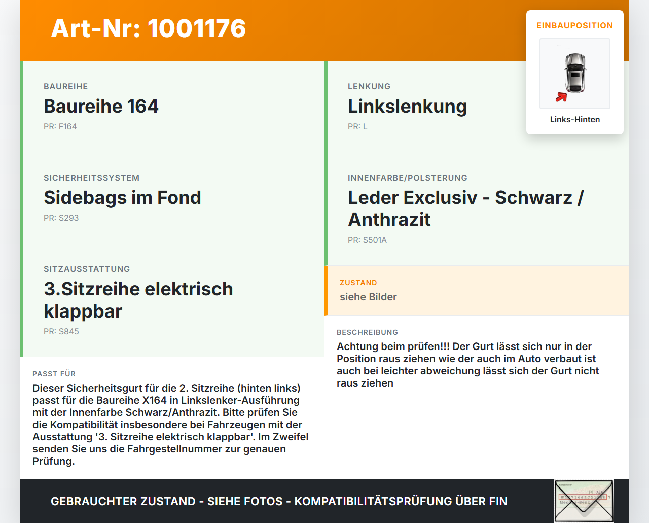 Mercedes GL 500 X164 06-11 Gurt Sicherheitsgurt Links Hinten 2te Reihe Mercedes GL 500 X164 06-11 01.09.2006... Vorschau 3