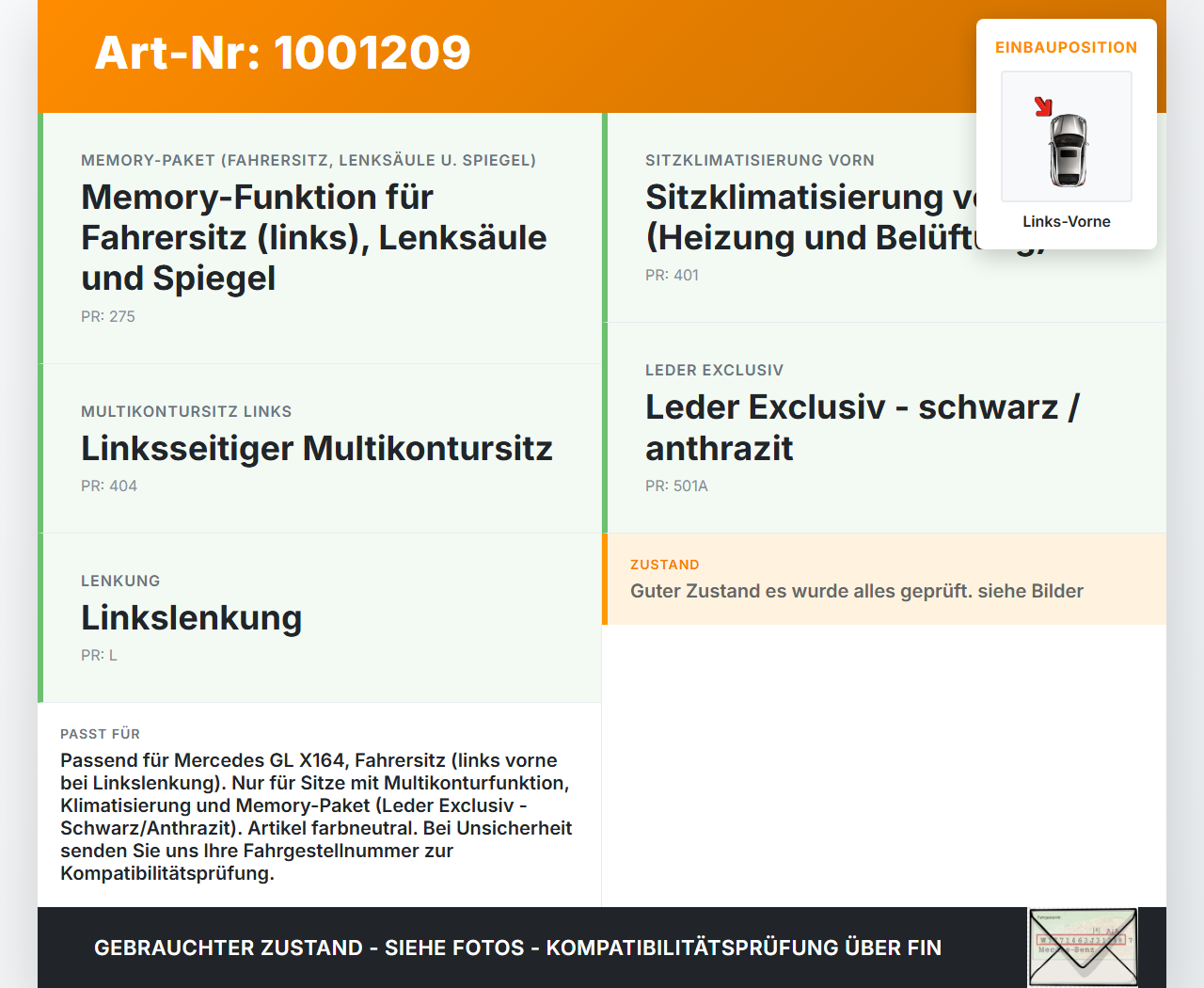 Mercedes GL 500 X164 06-11 5,5 285KW Kissen Luftkissen Sitz Links Vorne Mercedes GL 500 X164 06-11 01.09.2006... Vorschau 3