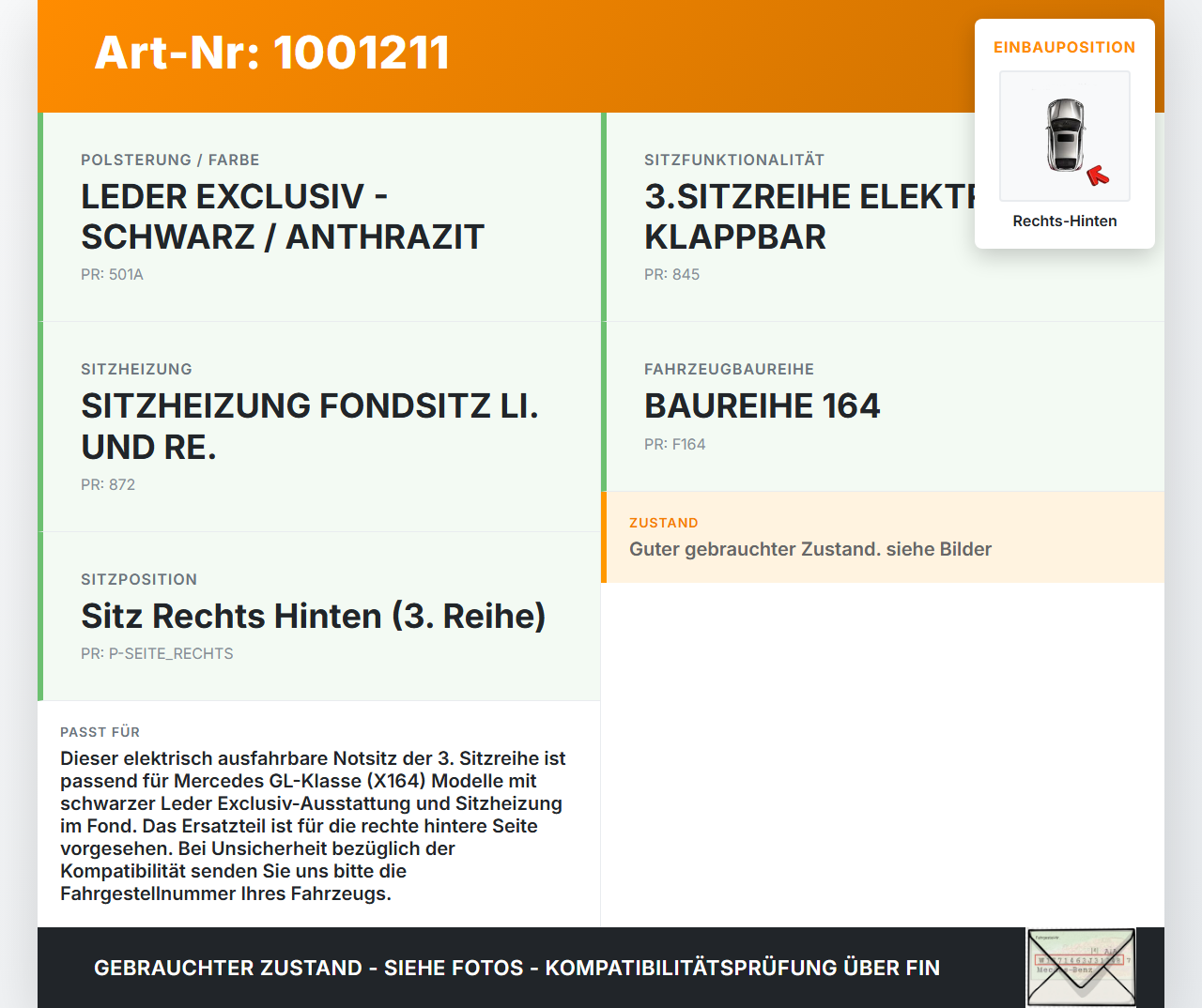 Mercedes GL 500 X164 06-11 Sitz Notsitz 3.Reihe Rücksitz Sitz Rechts Hinten Elektr. Ausfahrbar Mercedes GL 500 X164... Vorschau 3