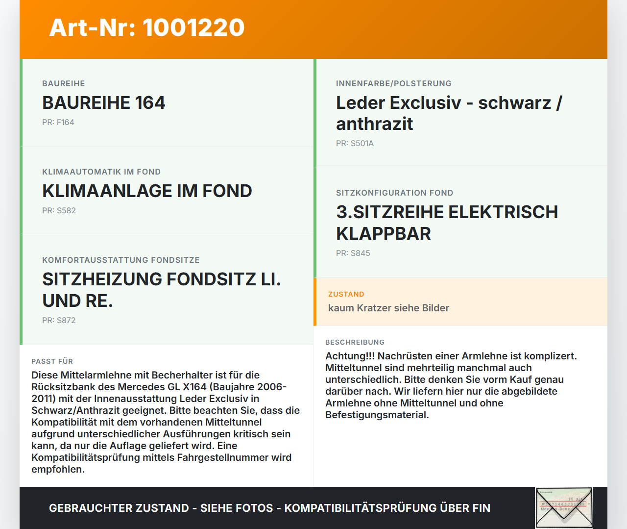 Mercedes GL 500 X164 06-11 Armlehne Mittelarmlehne Auflage mit Becherhalter für Rücksitzbank Mercedes GL 500 X164... Vorschau 3